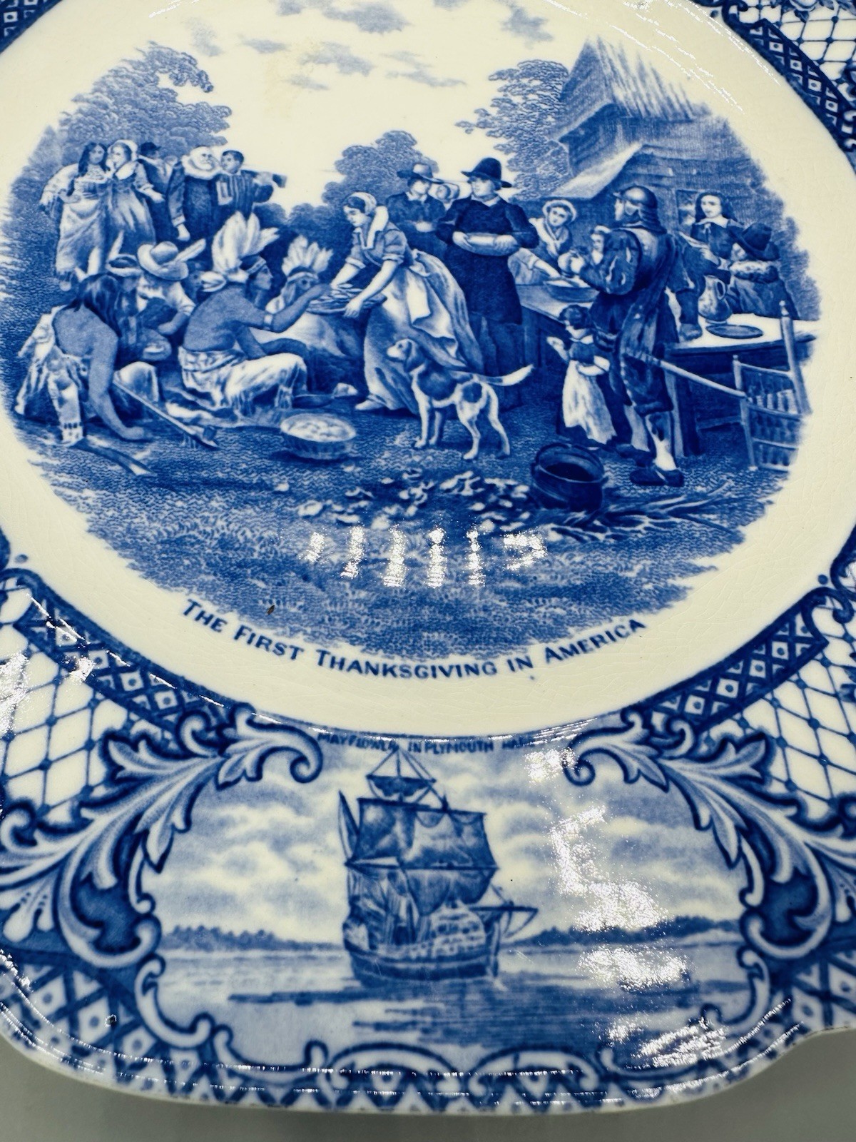 Crown Ducal Colonial Times 10.5″ Dinner Plate First Thanksgiving Blue Mint