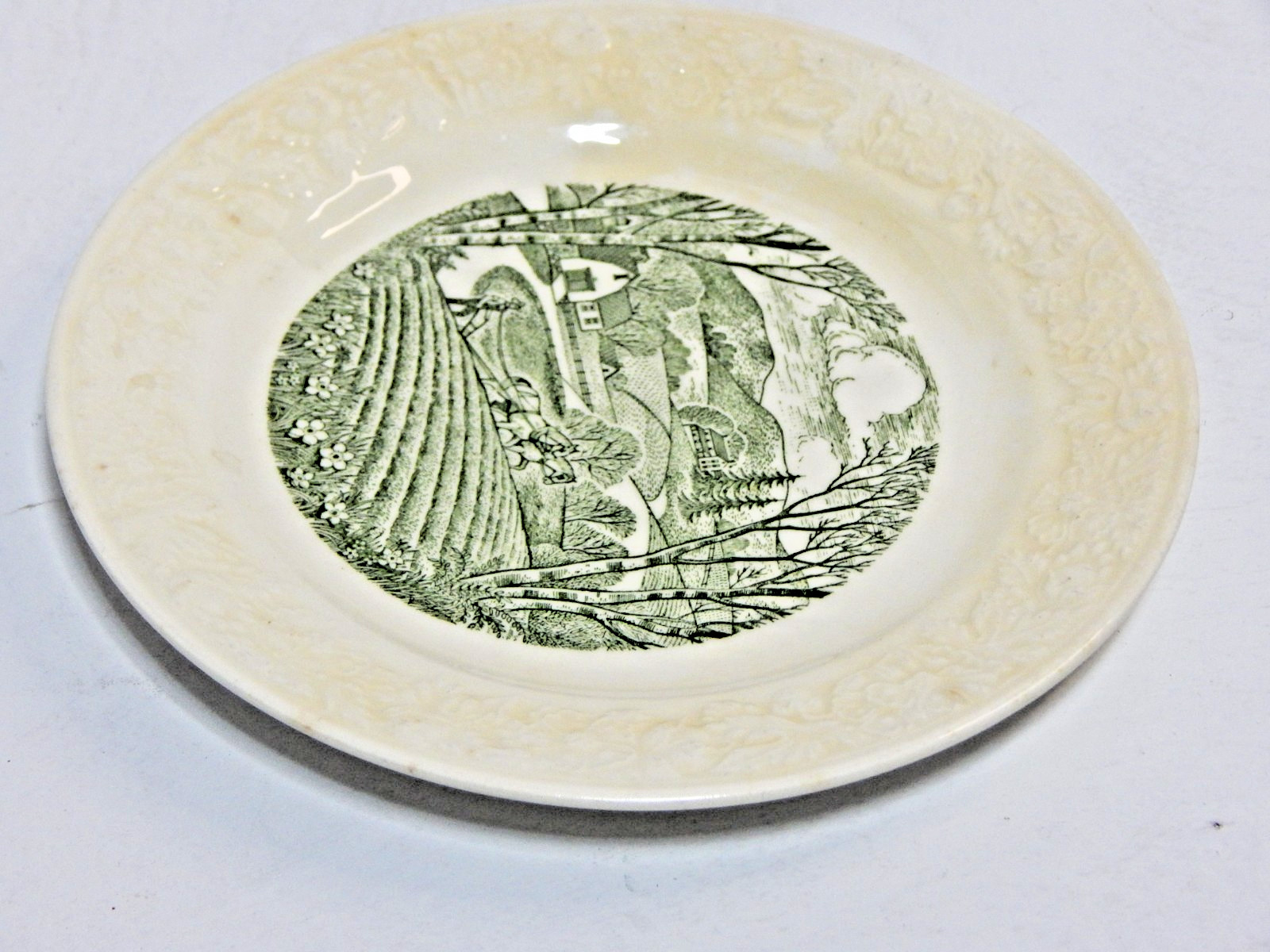 Vintage Homer Laughlin Pastoral Patterm Dessert Plate w/ embossed floral & farm
