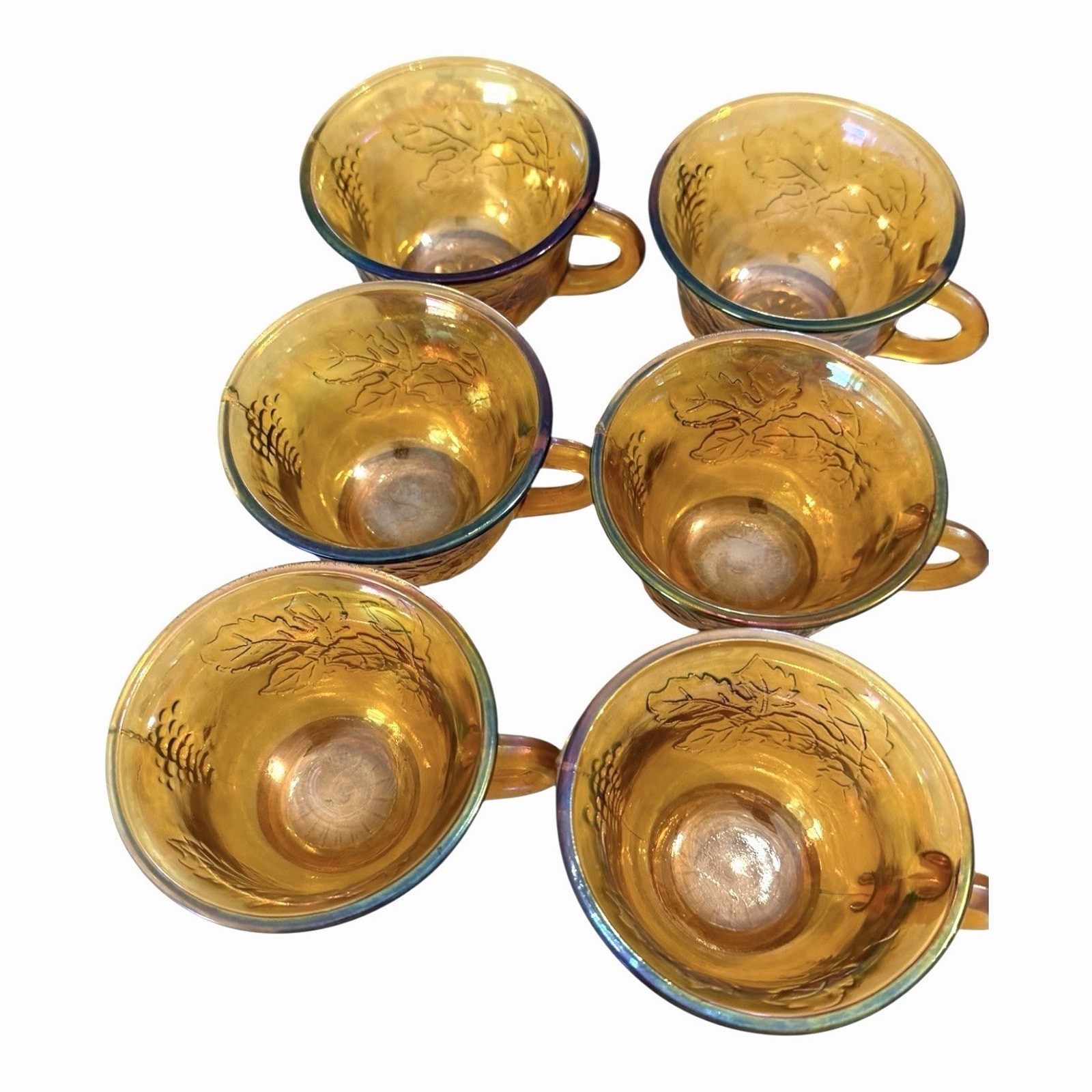 Vintage 6 Carnival Glass Iridescent Amber Punch Bowl Cups Autumn Leaves