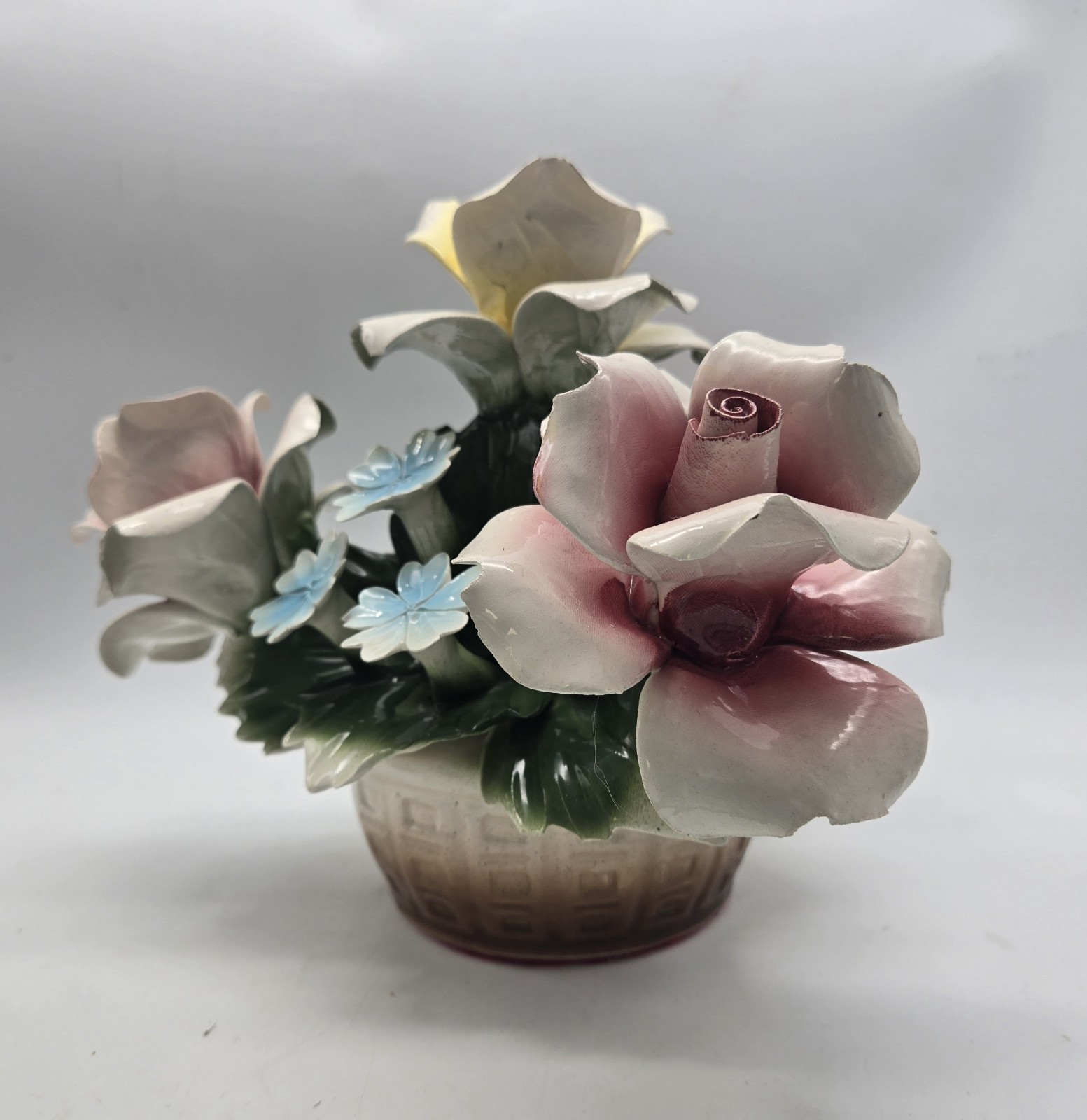Capodimonte Italy Pink Yellow Roses Blue Ceramic Flowers Nuova Centerpiece Vtg