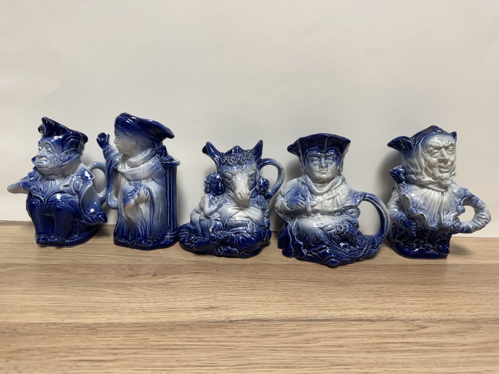 Burleigh Ironstone Staffordshire England Flow Blue Set of 5 Pitchers or Mugs