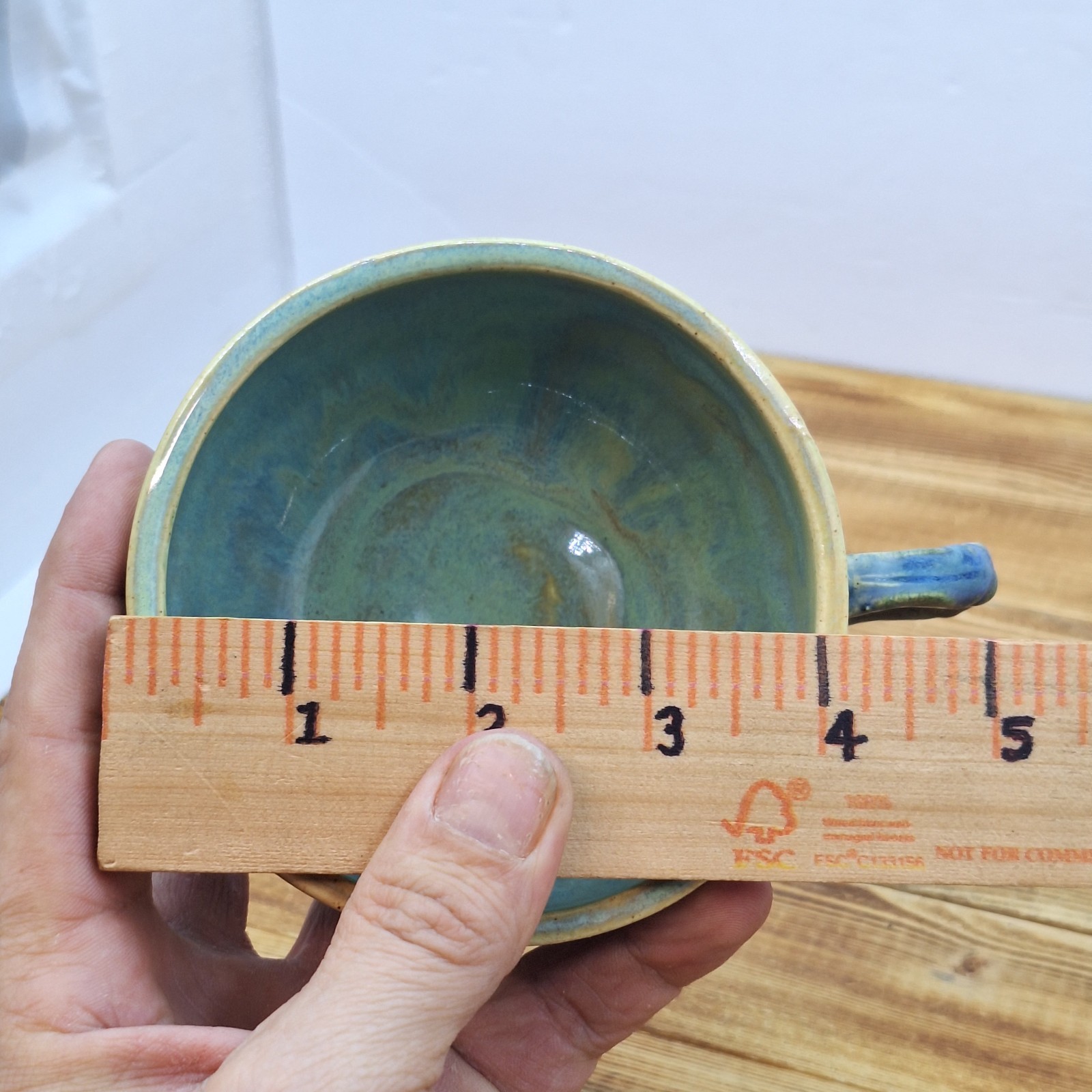 Vintage Hand Made Pottery Mug Signed Green Blue Neat Handle Signed