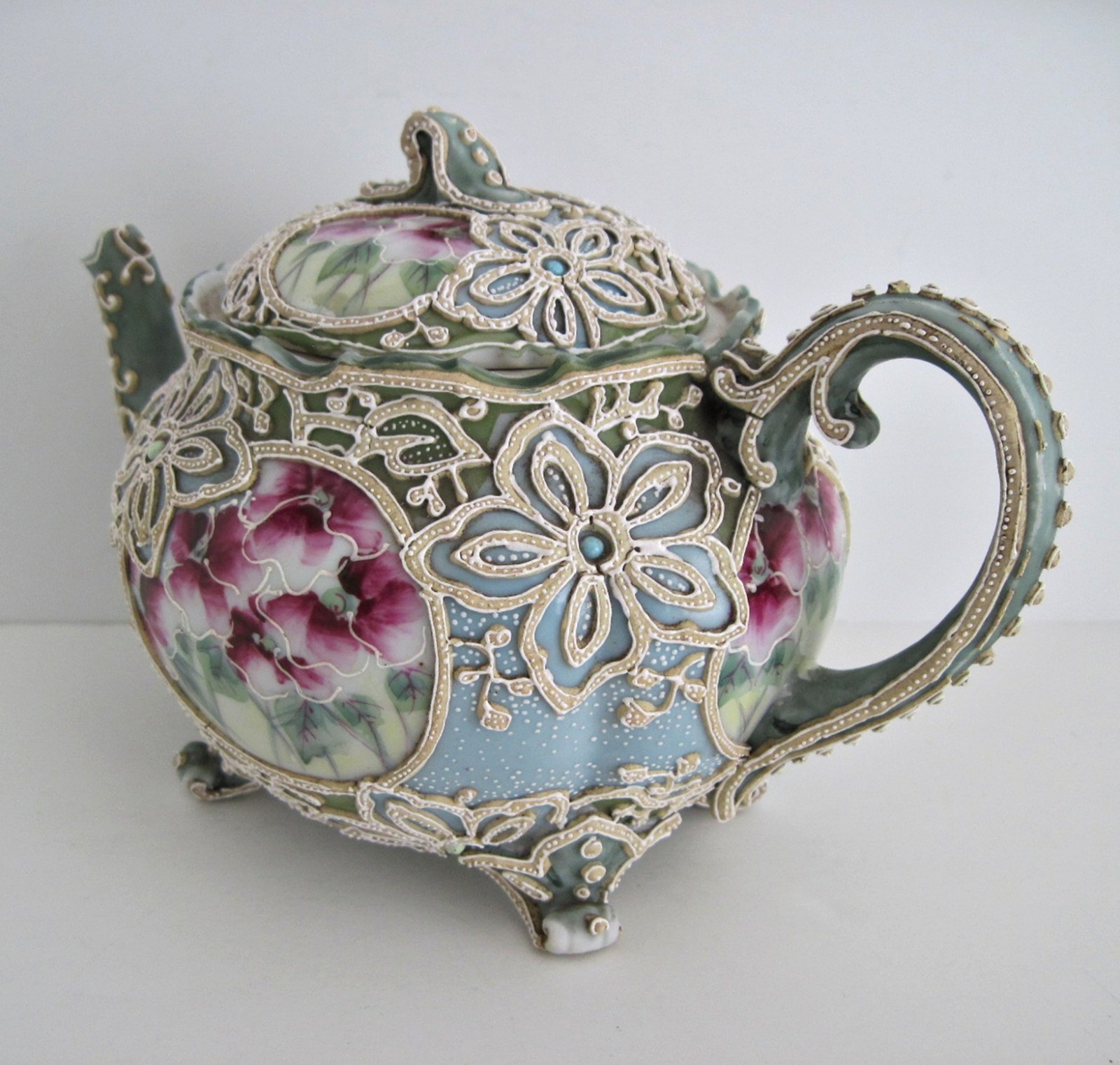 Antique Nippon Moriage Teapot Green Blue With Hand Painted Flowers READ