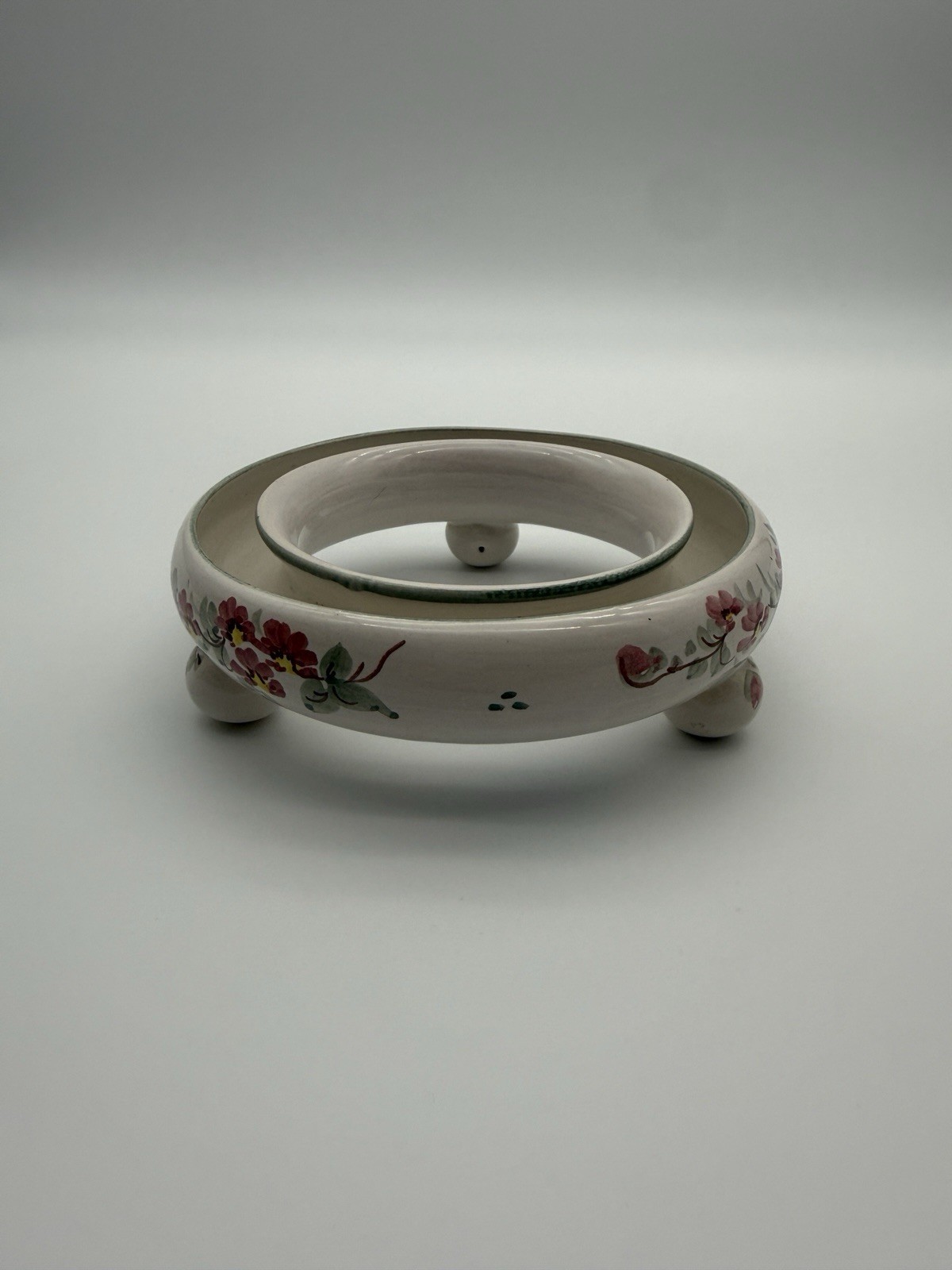 VTG Pansy Ring Vase Hand Painted Flower Frog Germany White Pink Green Floral