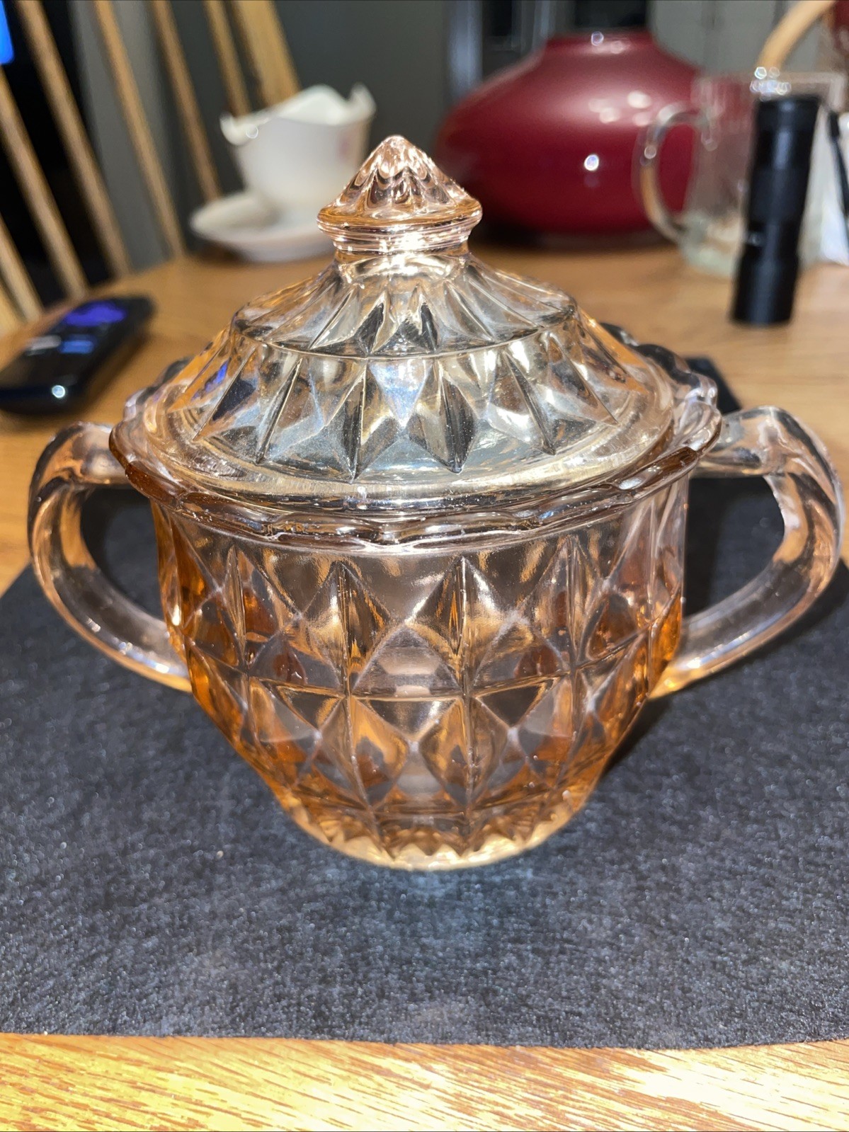 Jeanette Windsor Pink Depression Glass Sugar Bowl & Lid. Pink Diamond Pattern