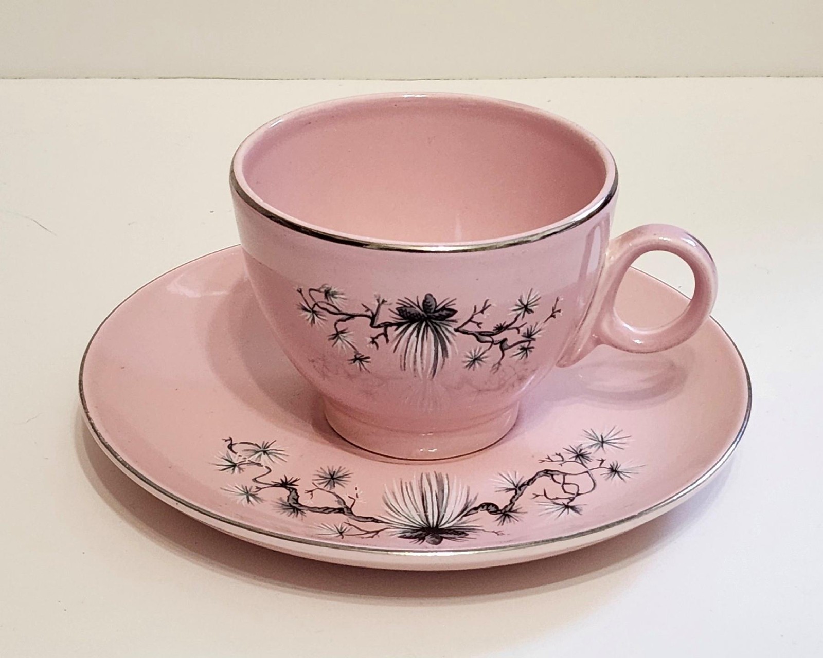 Vtg Taylor Smith Taylor TST Dwarf Pine Pink Coffee Cup Saucer Set 1950’s