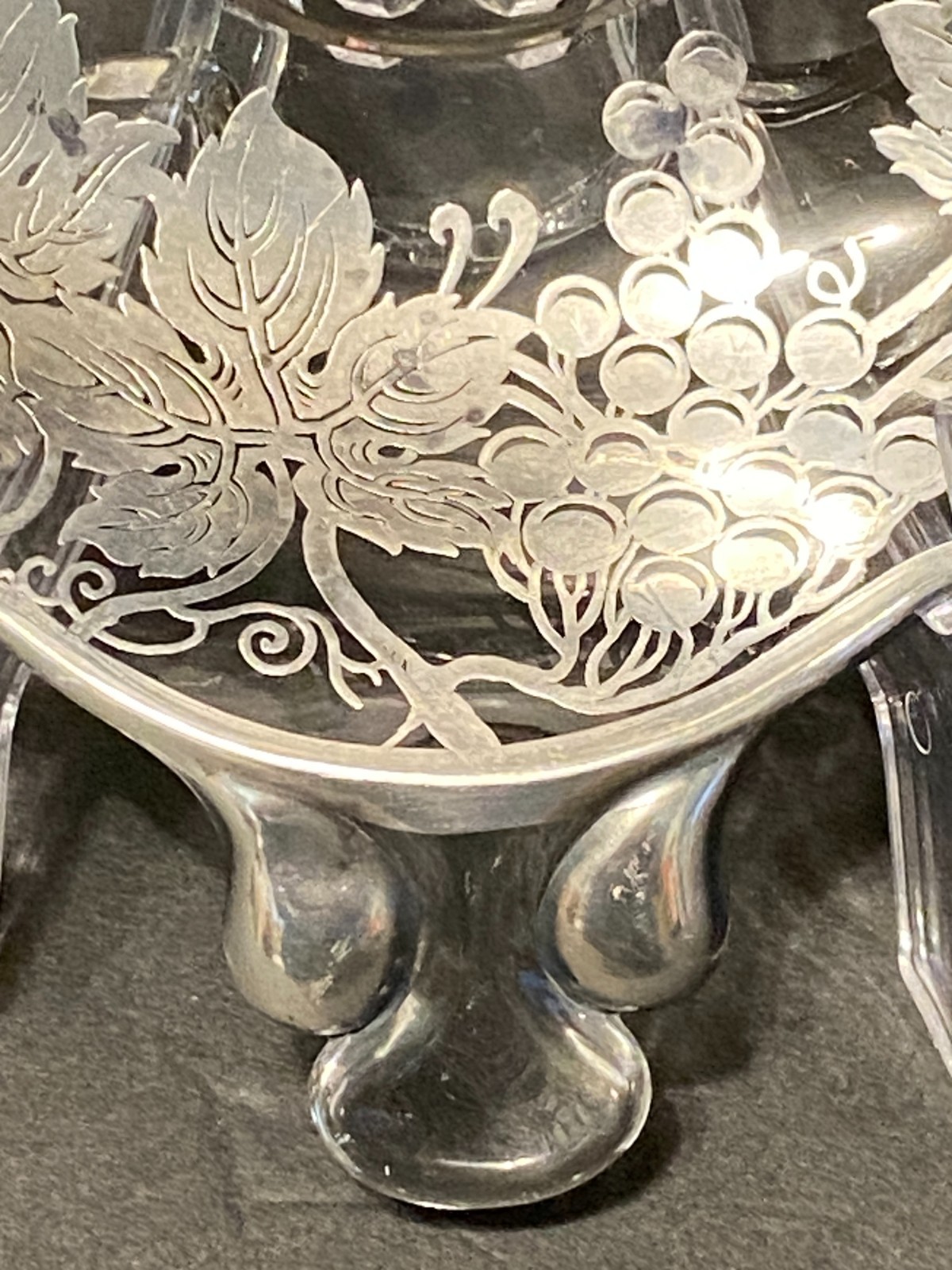 Vintage Silver Overlay Glass Candy Nut Dish Grape Vines Leaves Grapes