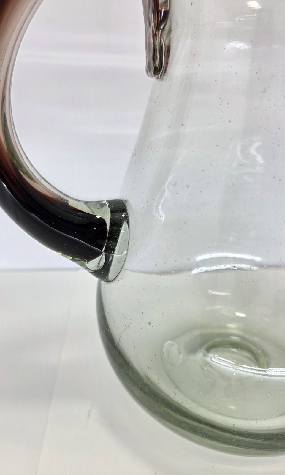 Mexican Hand Blown Glass Pitcher Light Brown Rim and Handle 9″ Beautiful