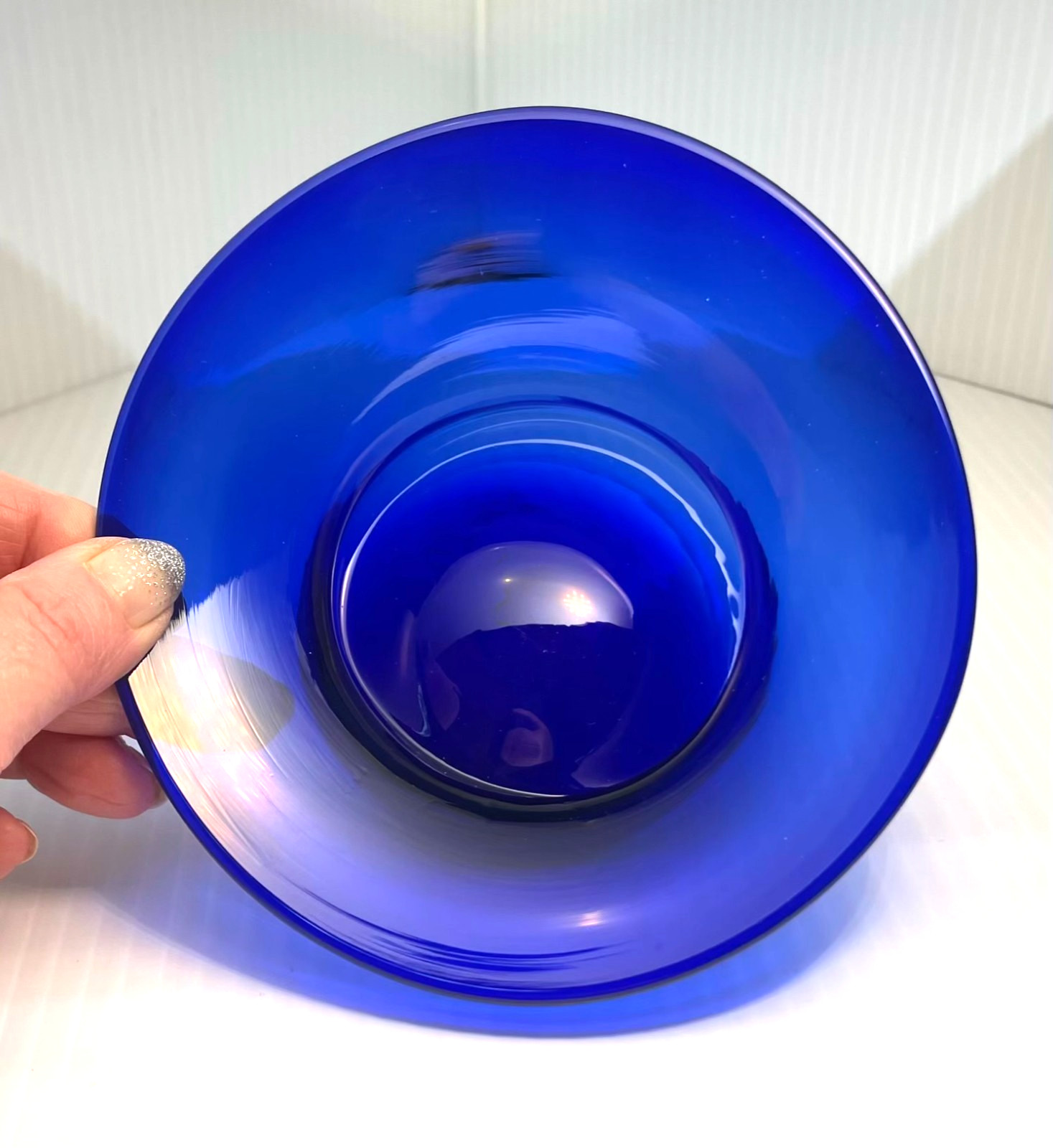 JW Shelton Cobalt Blue Glass Footed Candy Dish Bowl Asymmetrical Signed 5.5×2″