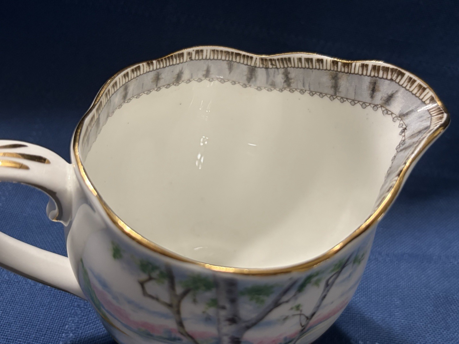 Royal Albert Silver Birch Cake Set for 6 Handled Plate C&S Cups & Saucers Plates