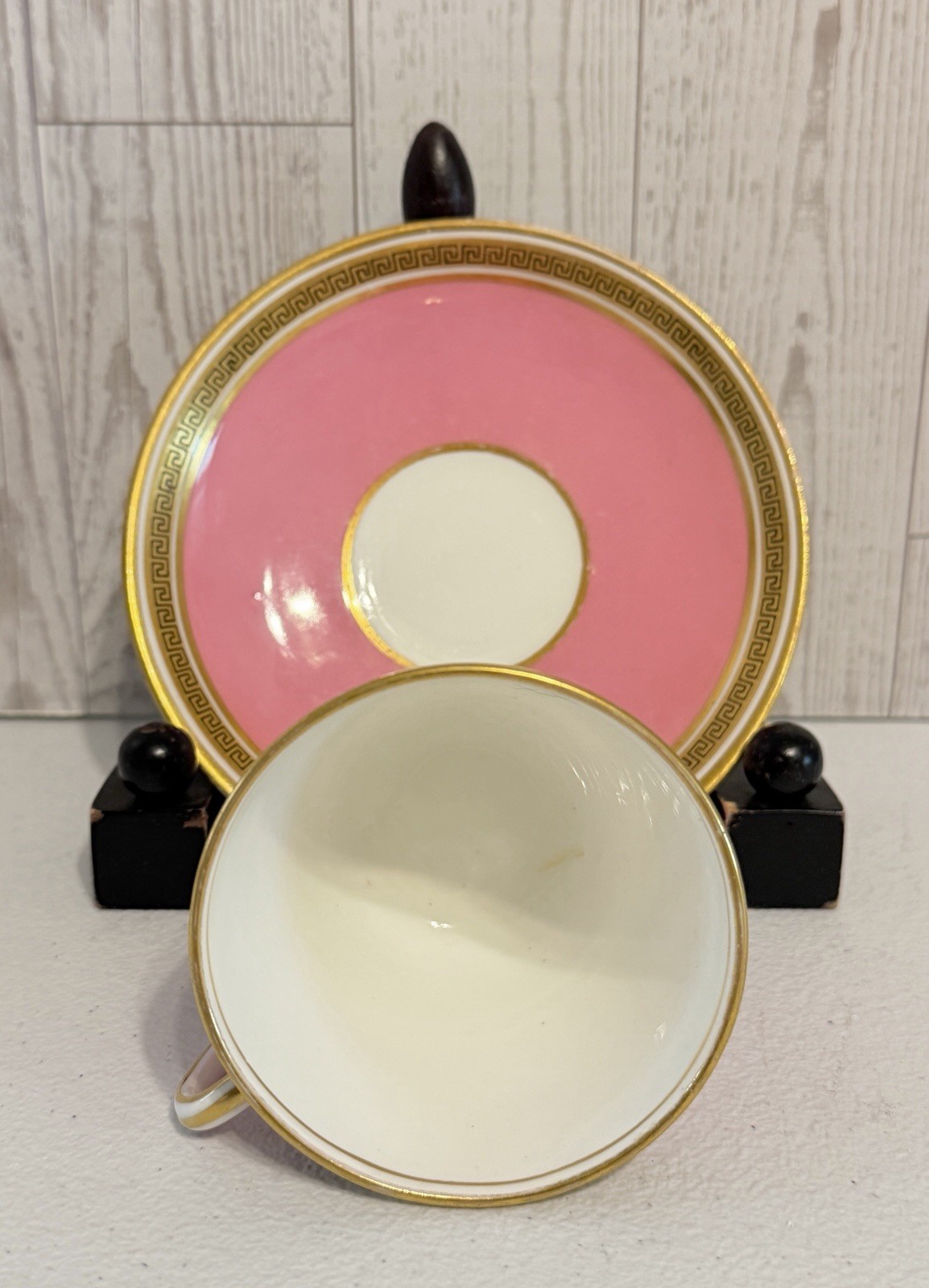 ANTIQUE CAULDON PINK SET OF 5 COFFEE TEA CUPS & SAUCERS GREEK KEY PORCELAIN RARE