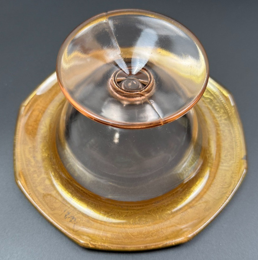 Vtg Octagonal Footed Pink Depression Glass With Gold Gilded Rim Etched Patterns