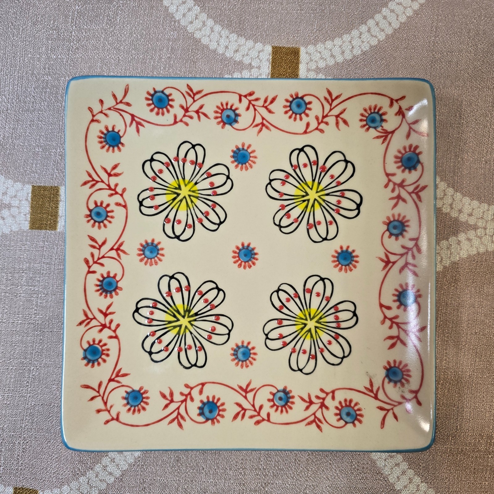 Yokohama Studio Square Hand Painted Small Ceramic Plate Flowers Floral Boho 6″