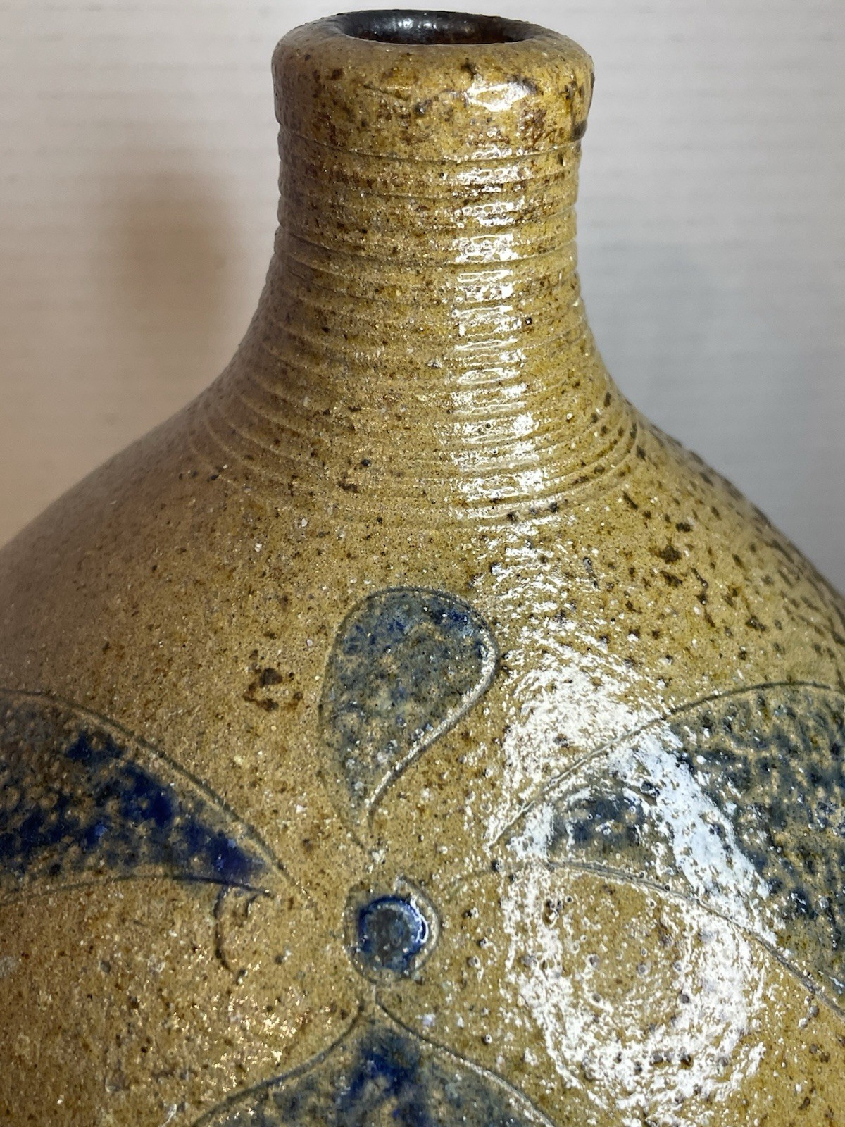 Vintage Large 12.5” Mark Hewitt North Carolina Pottery Jug Incised Cobalt Flower
