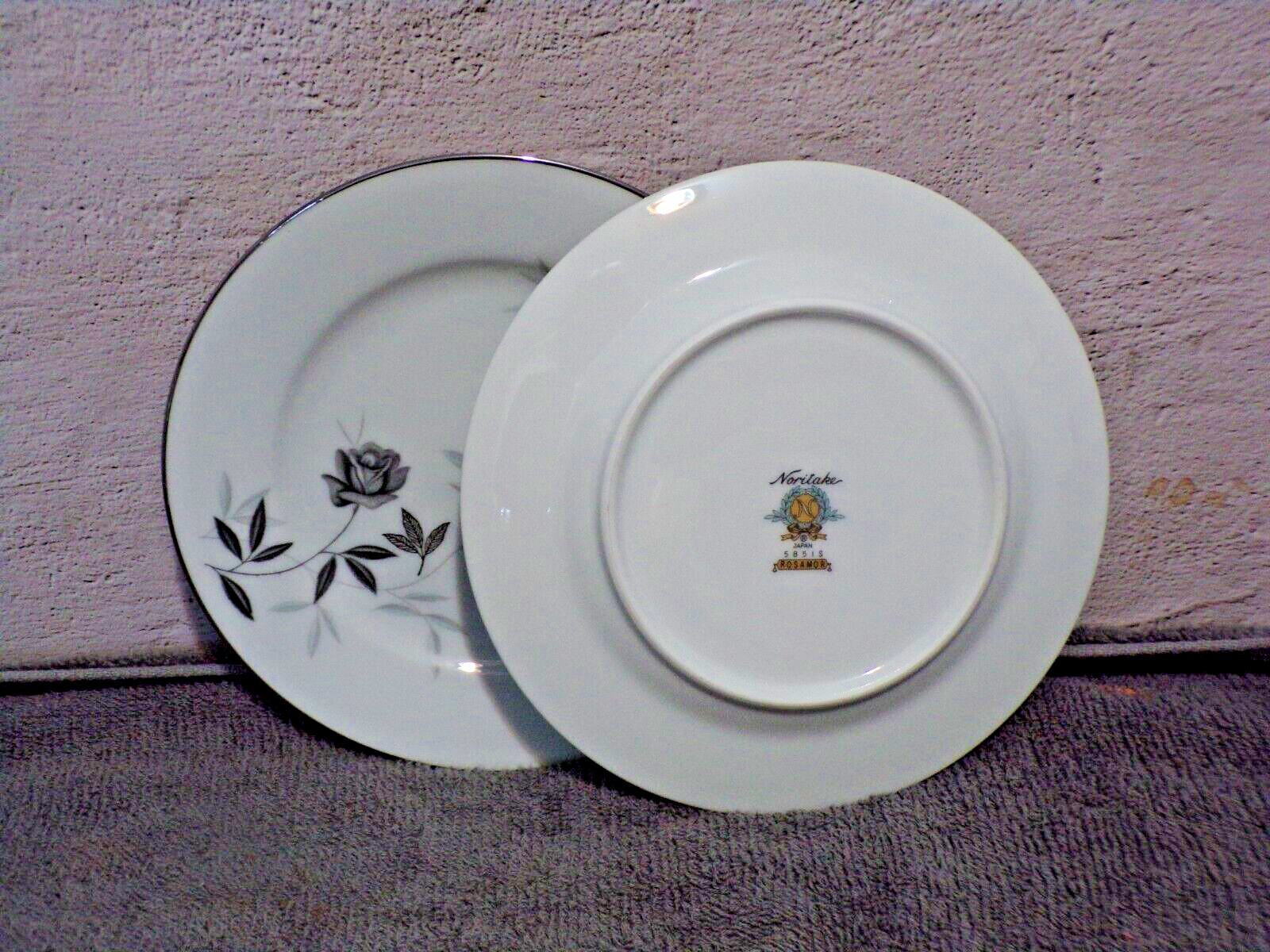 Noritake “Rosamor” 2 Bread Plates Platinum Trim Roses 5851S