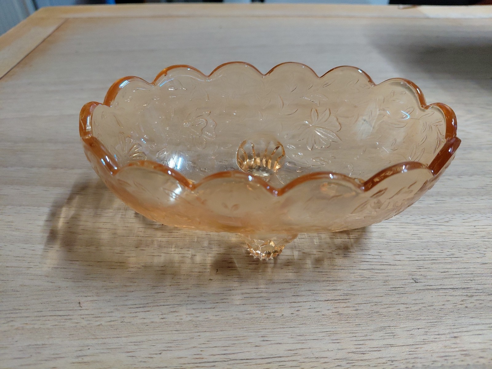 Vtg Amber Peach Luster Footed Candy Trinket Dish, Embossed Floral