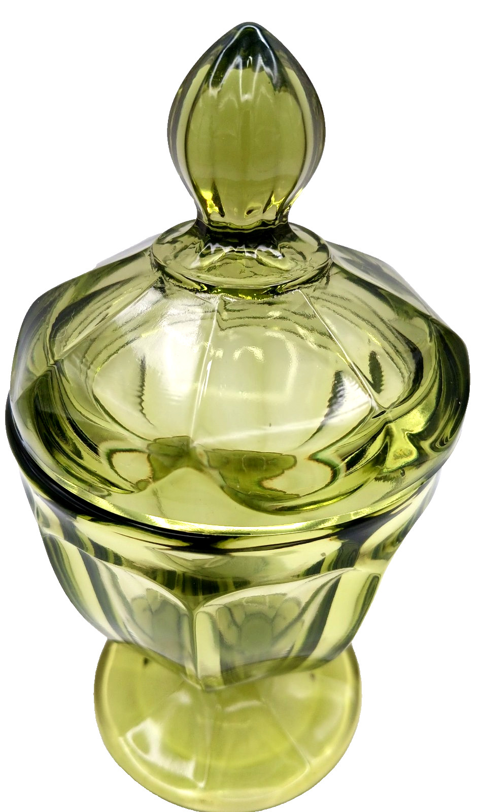 L E Smith? 7.8″ Paneled Olive Green Compote Candy Dish & Matching Lid w/Finial