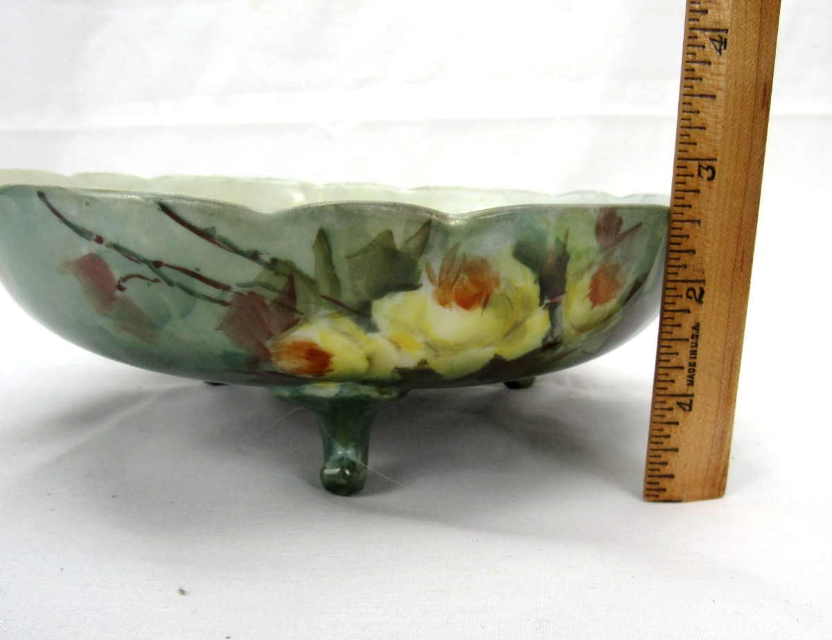 Antique Hand Painted tri Footed Bowl Green with yellow Roses 7.25 inch Dish