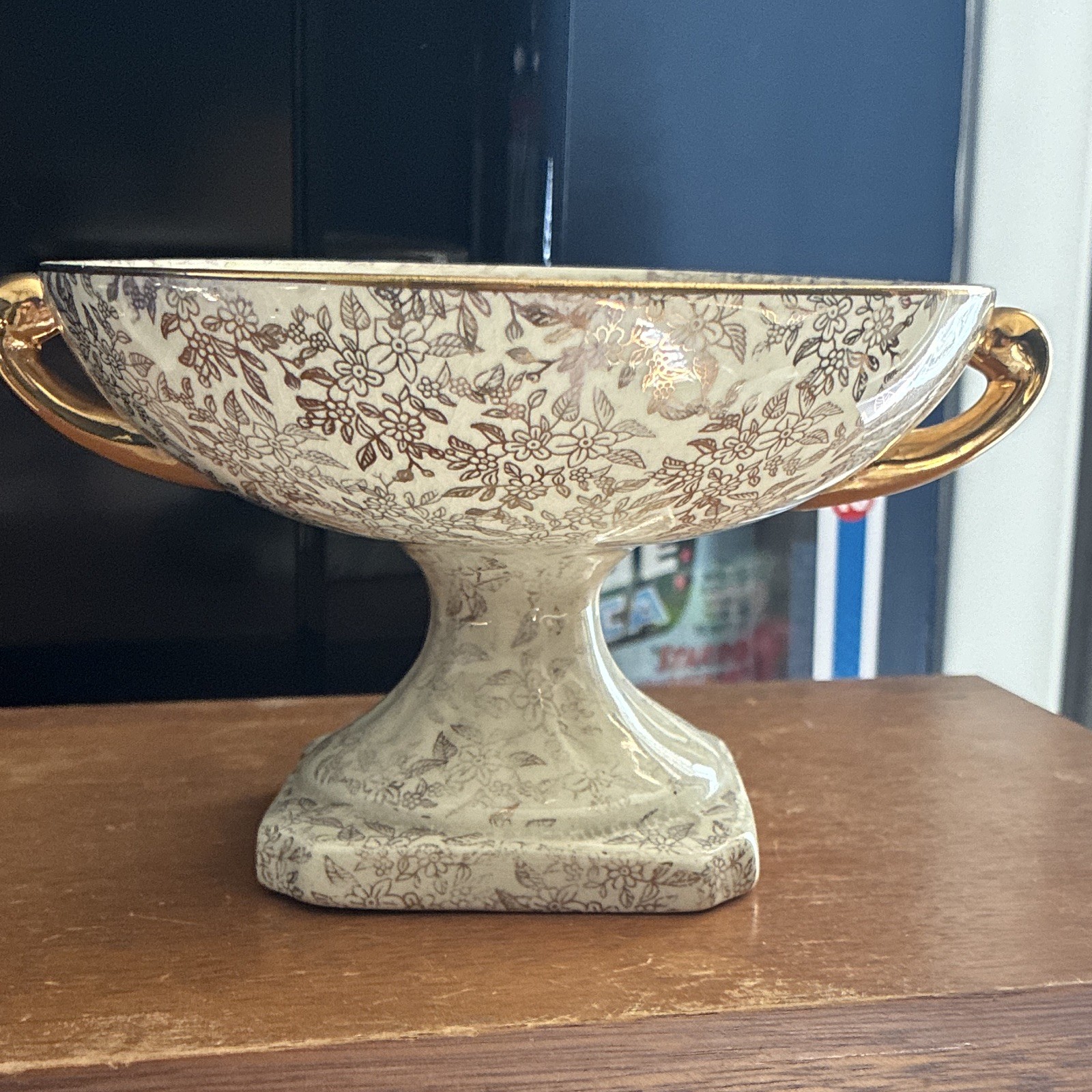 Lancaster Floral Compote & Pedestal Bowl, Gold Handles, Glossy Ceramic, England