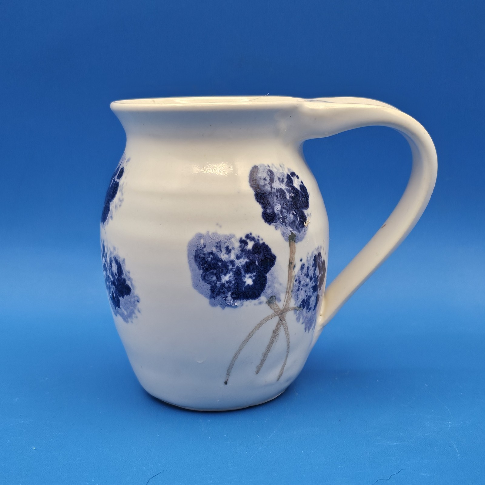 Up-Island Pottery Candy Shweder Creamer Pitcher Blue & White Hydrangea Handmade