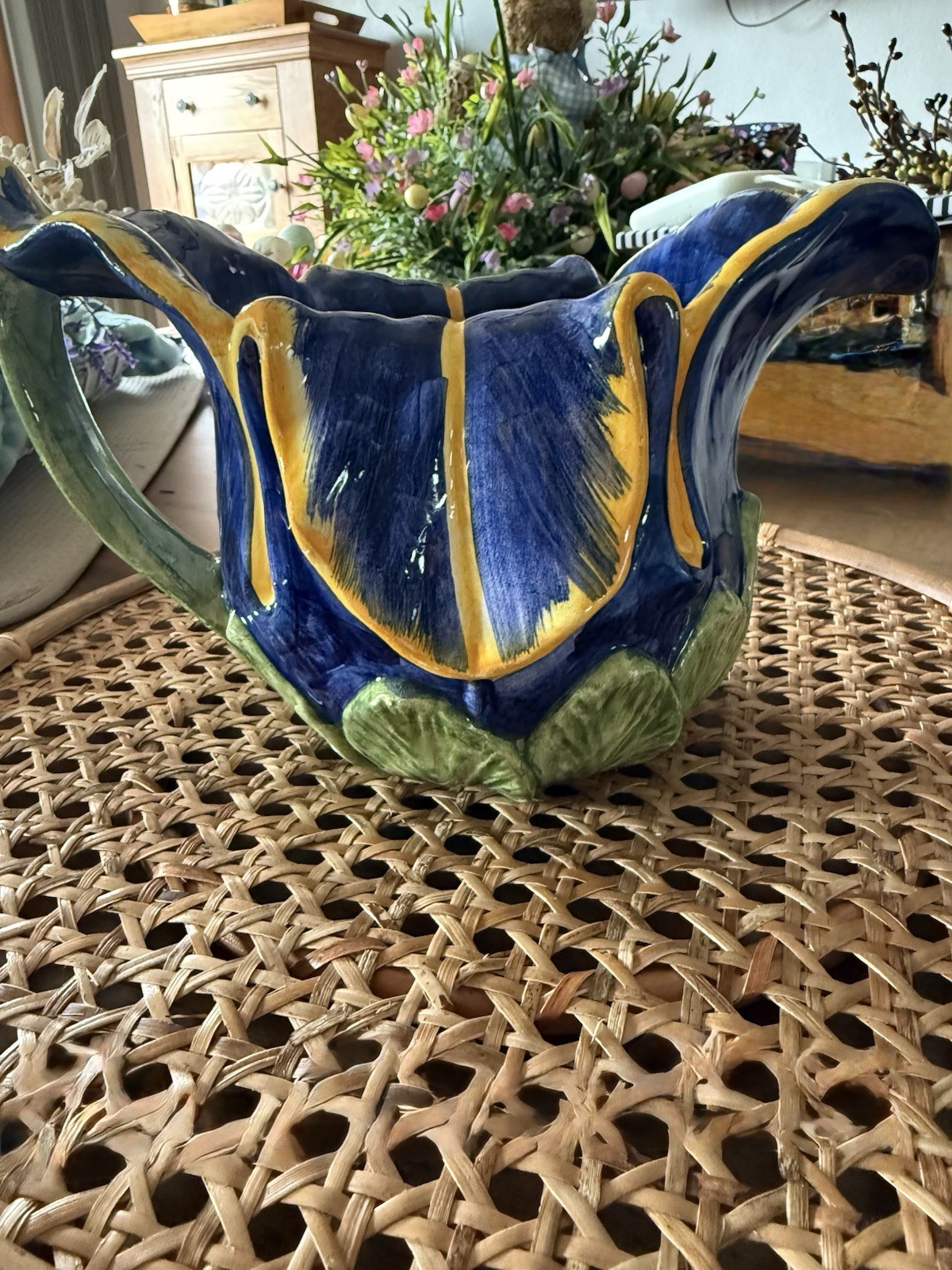 VTG ITALIAN HANDMADE POTTERY IRIS PITCHER MAJOLICA STYLE COBALT BLUE YELLOW