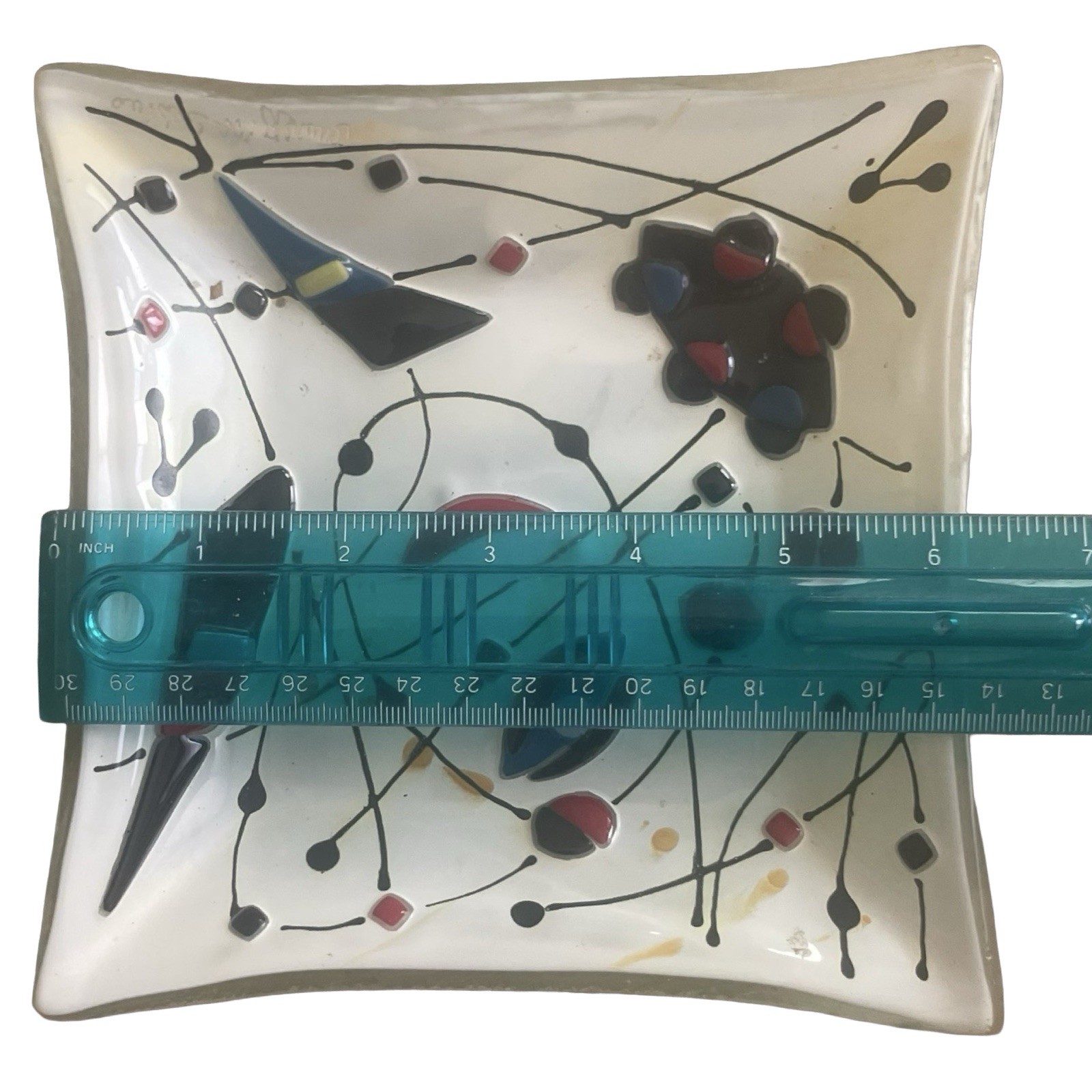 Vintage Fused Glass Abstract Art Plate Miro Kandinsky 6”” Square White