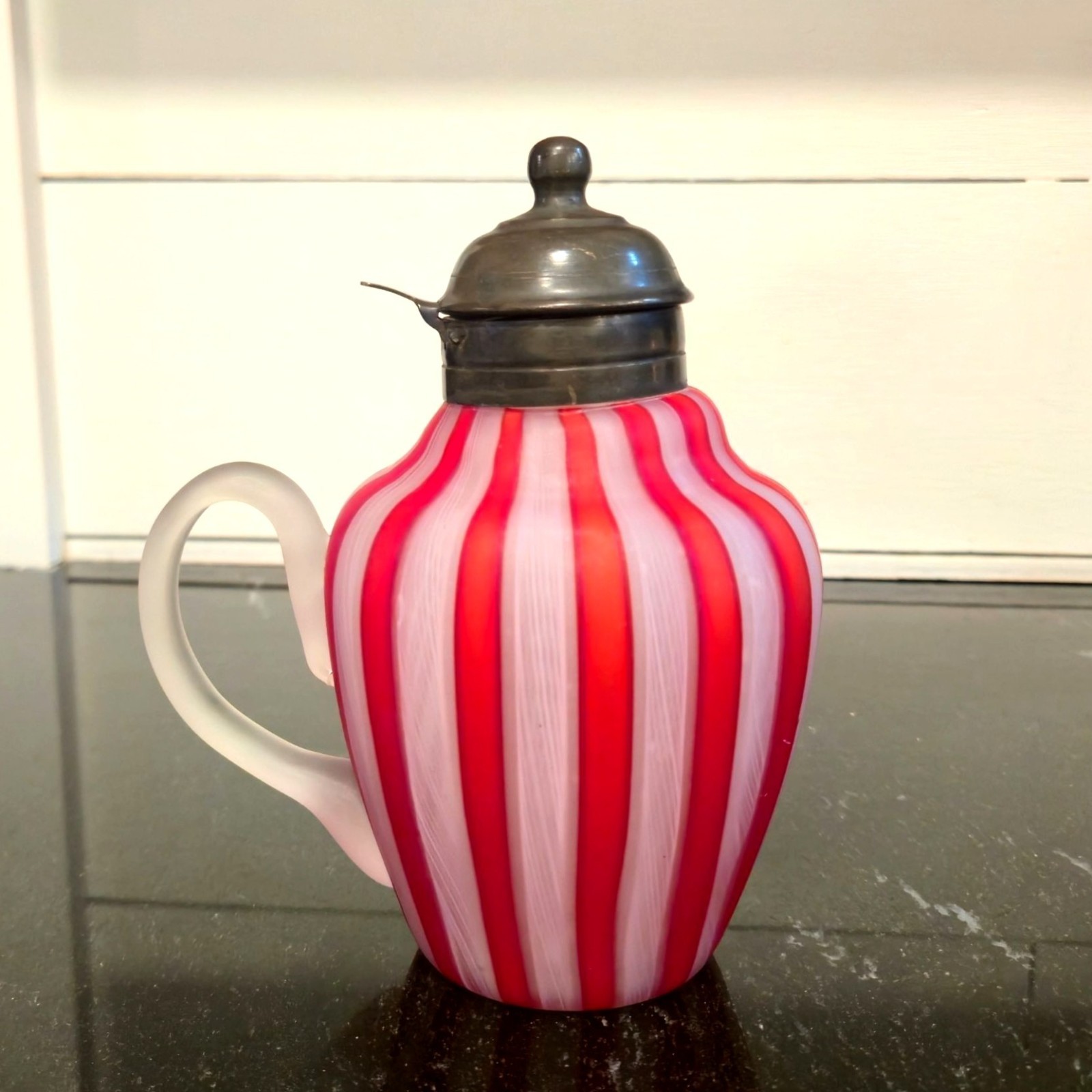 Vintage FRATELLI TOSO Murano Latticino Glass Syrup Jug Italian Victorian cruet