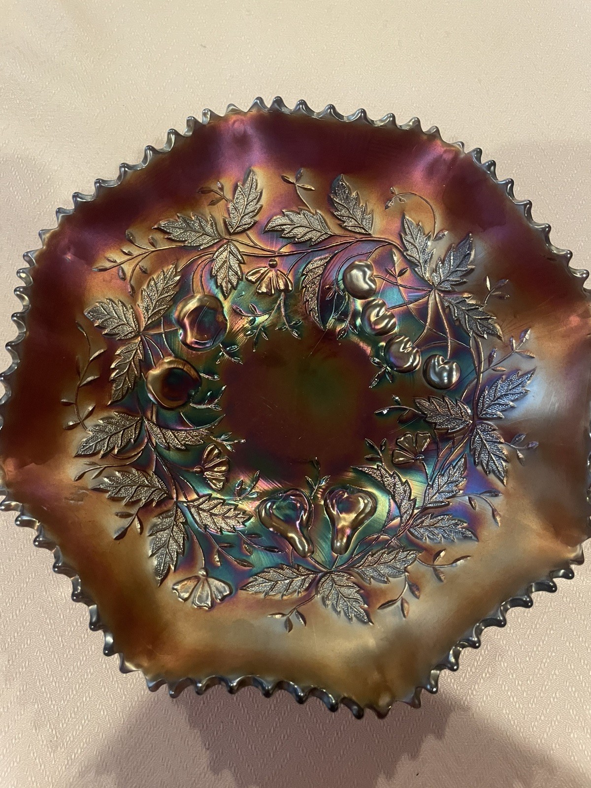Northwood Opalescent Carnival Glass Fruit And Leaves Pattern Ruffled Edge 9.5”