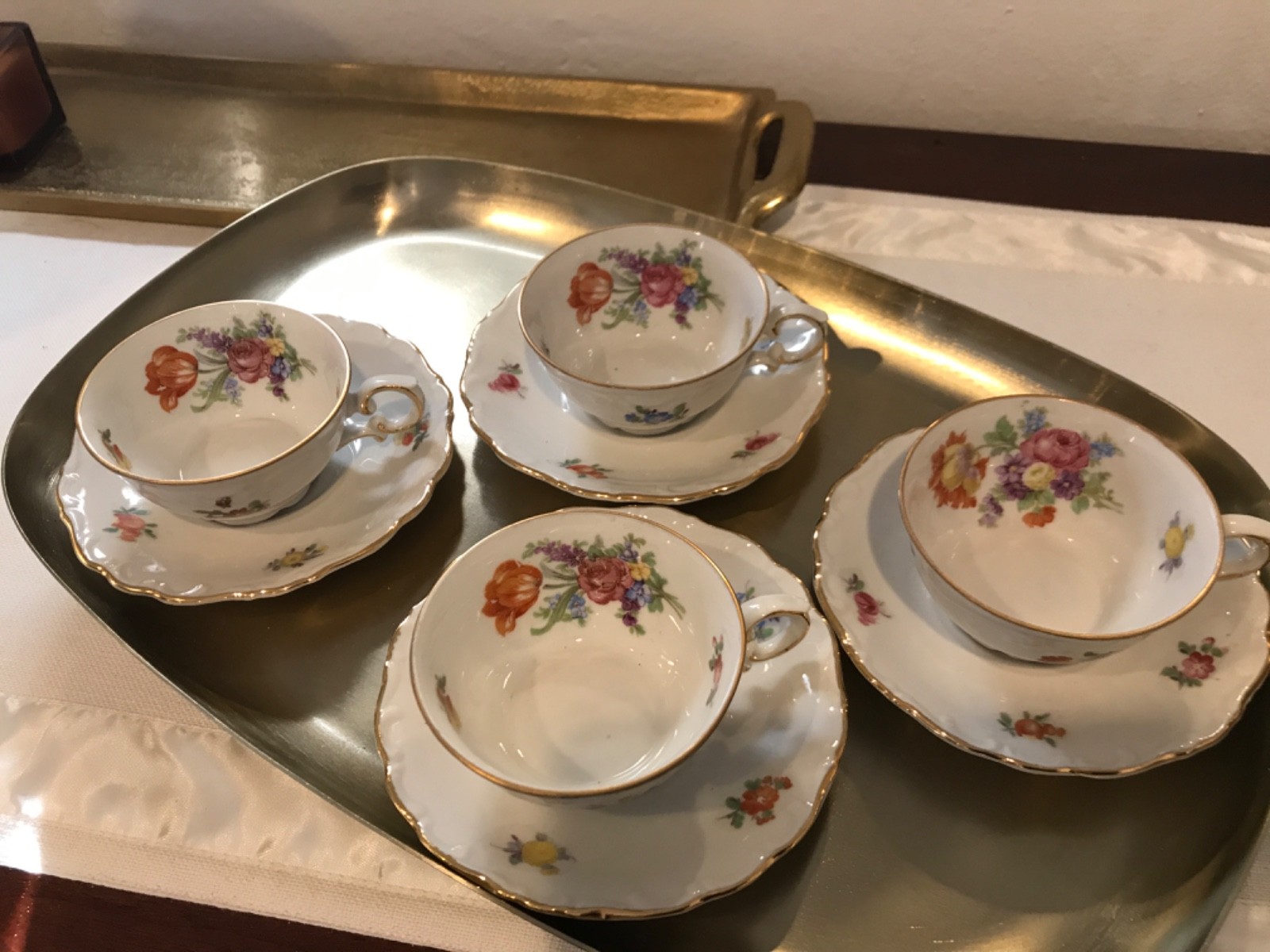 VTG Mitterteich Bavaria Meissen Floral Teacup & Saucer, Set of 4, Gold trim EUC