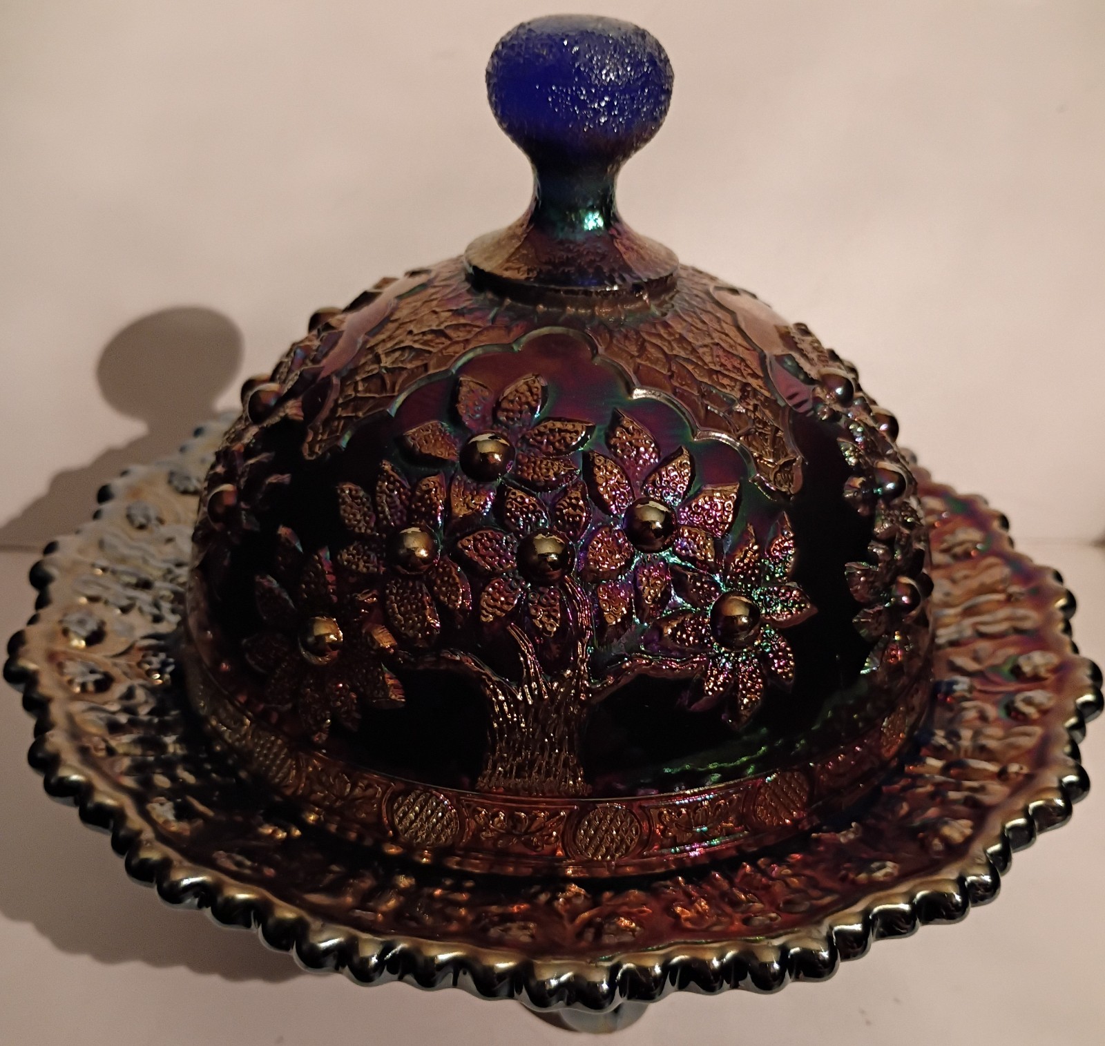 Fenton Orange Tree Blue Carnival Doomed Butter Dish 6.5″ Tall 7.25″ Dia Stunning