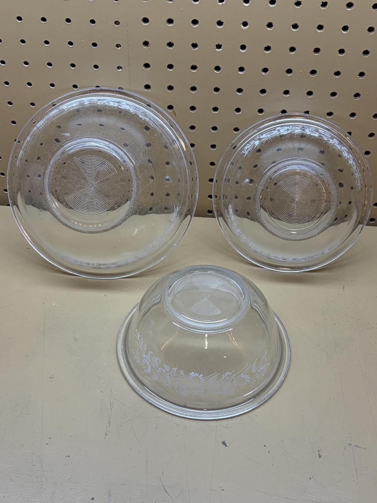 3- Pyrex Clear Colonial Mist White Lace Nesting Mixing Bowl Set 322 (2X) 323 (1)