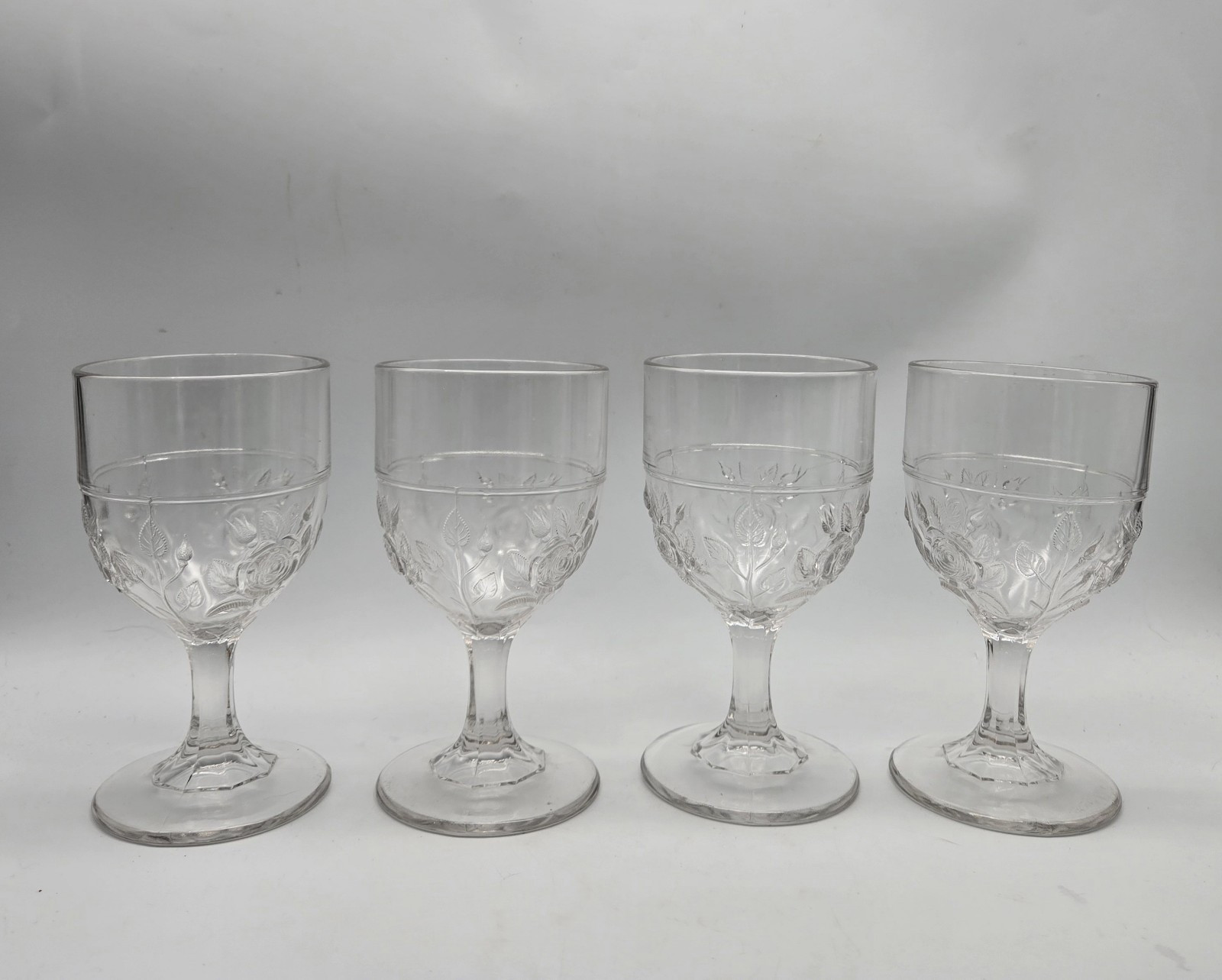 1870s Open Rose AKA Moss by Unknown Clear Glass Goblet Vtg Antique Set Of 4