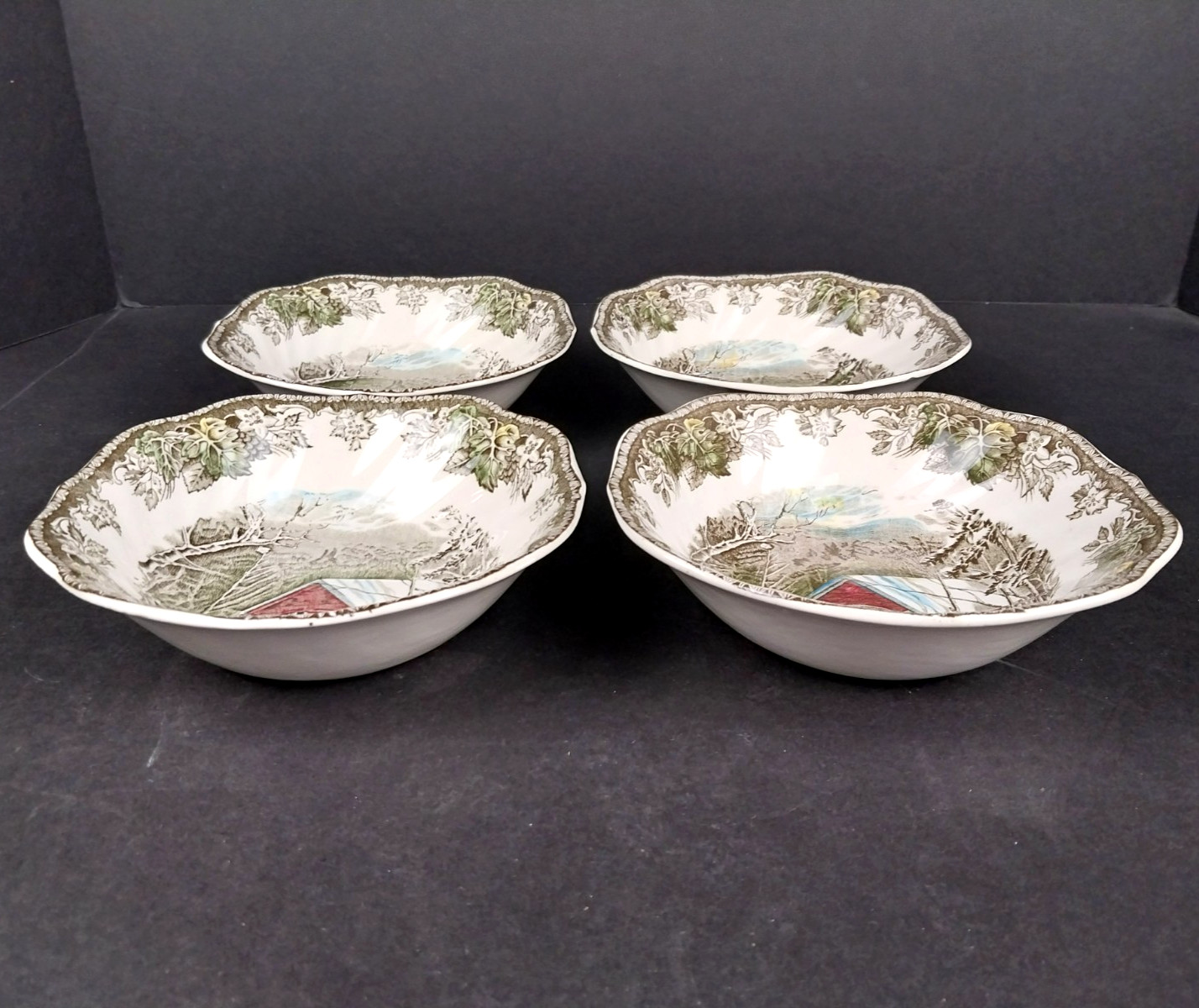 Vintage Johnson Brothers Friendly Village Covered Bridge 6.25″ Square Soup Bowls