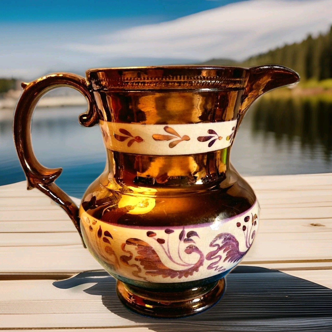 2 English Copper Lusterware Pitchers Staffordshire Pottery 1850-1899 England