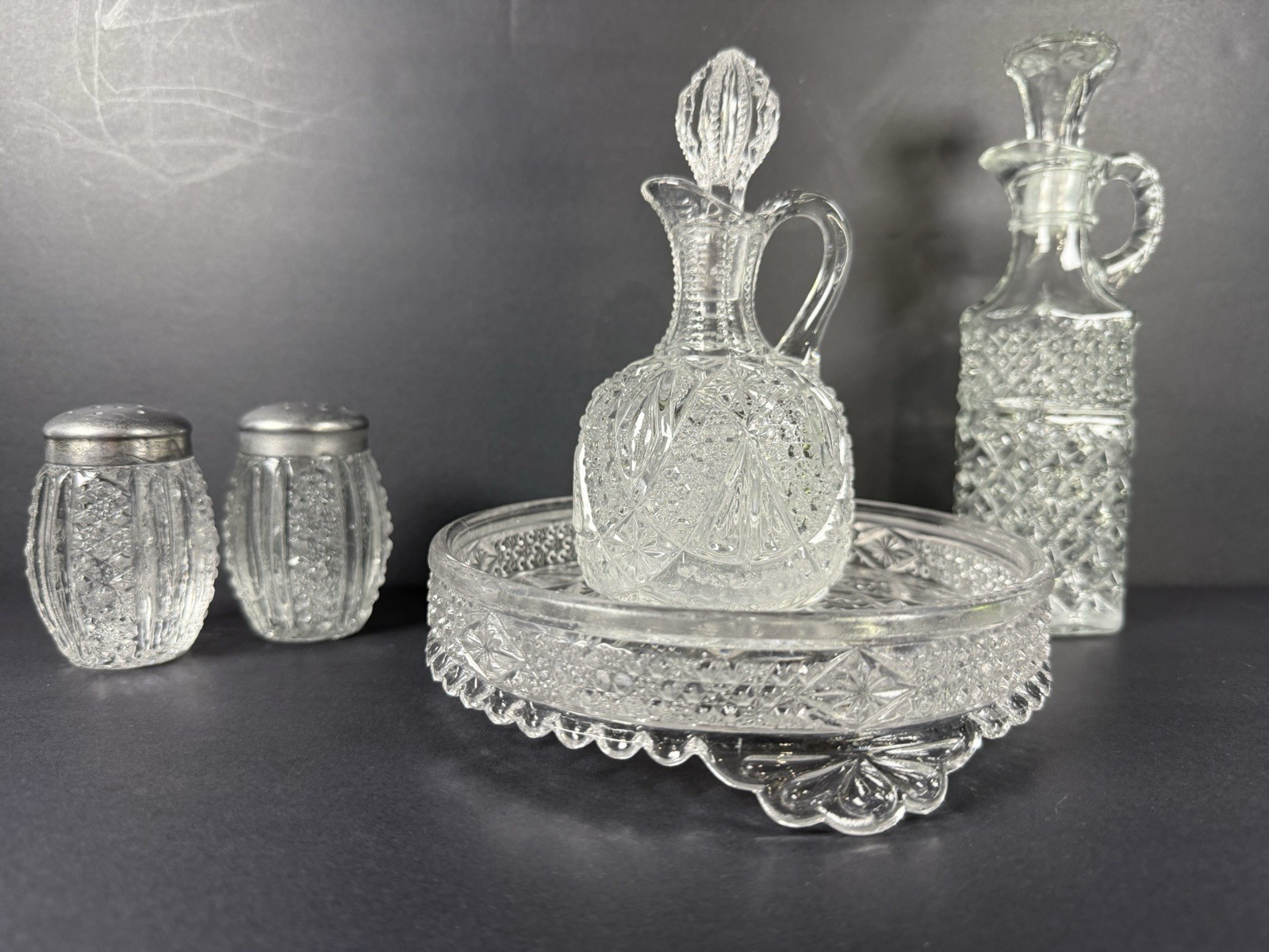 Vintage Pressed Glass Cruet, Decanter, Salt & Pepper & Relish Tray Lot of 5