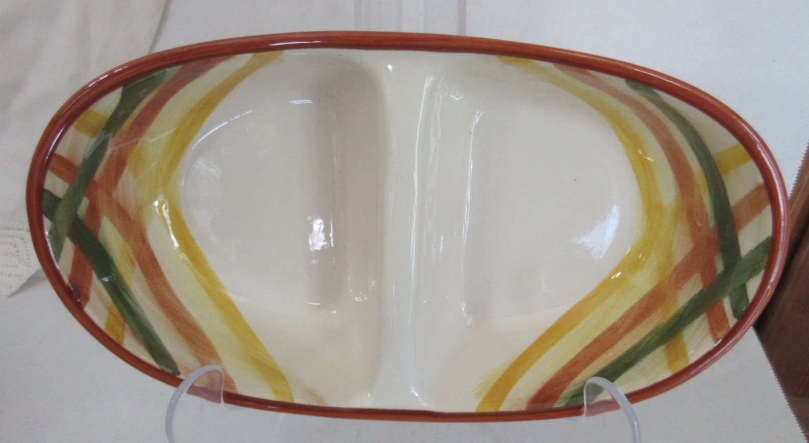 Vtg Vernonware Homespun Under Glaze 11-3/4″ Oval Divided Vegetable Bowl