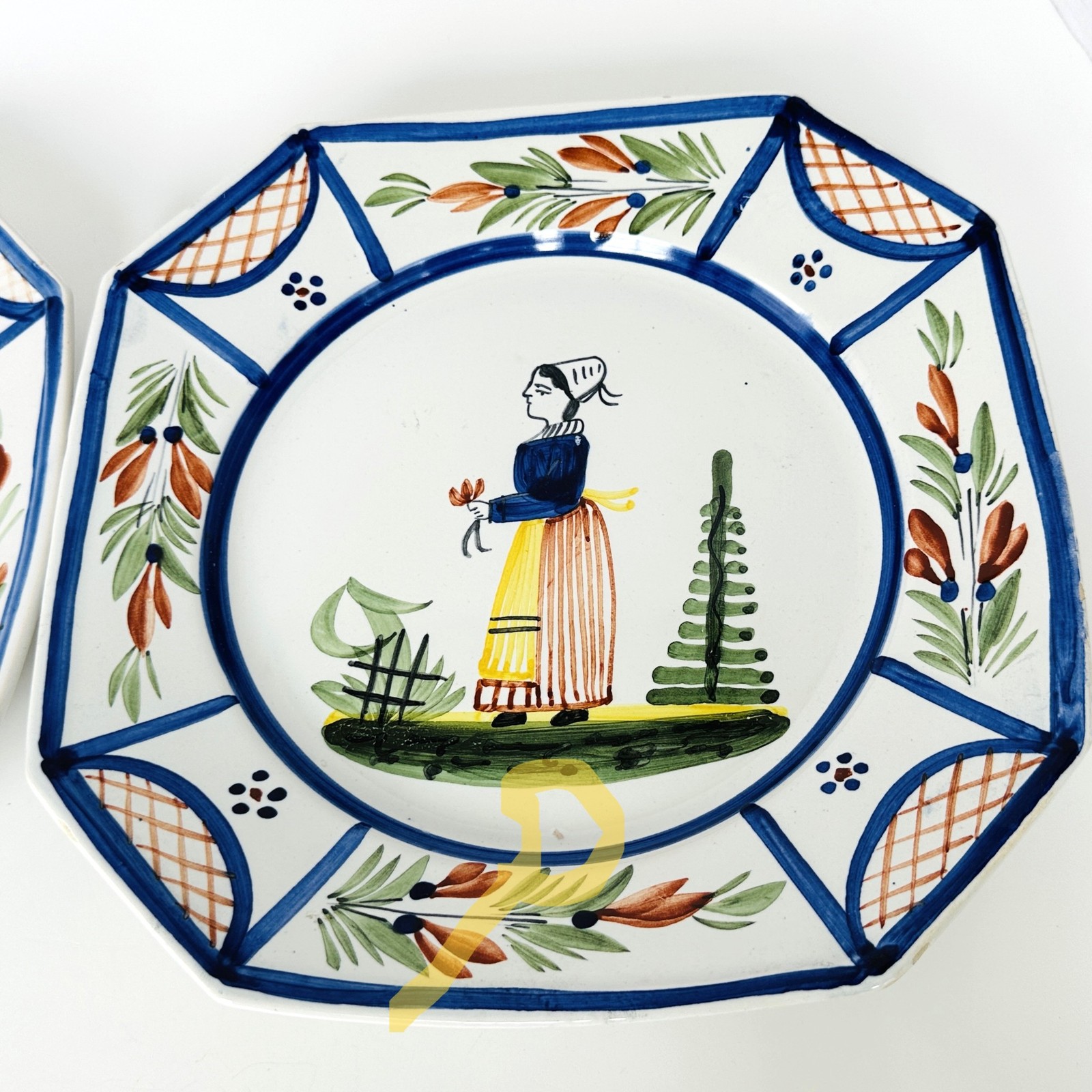 HB Quimper MISTRAL BLUE Matched Set 2 Octagonal Luncheon Plates 9.25″