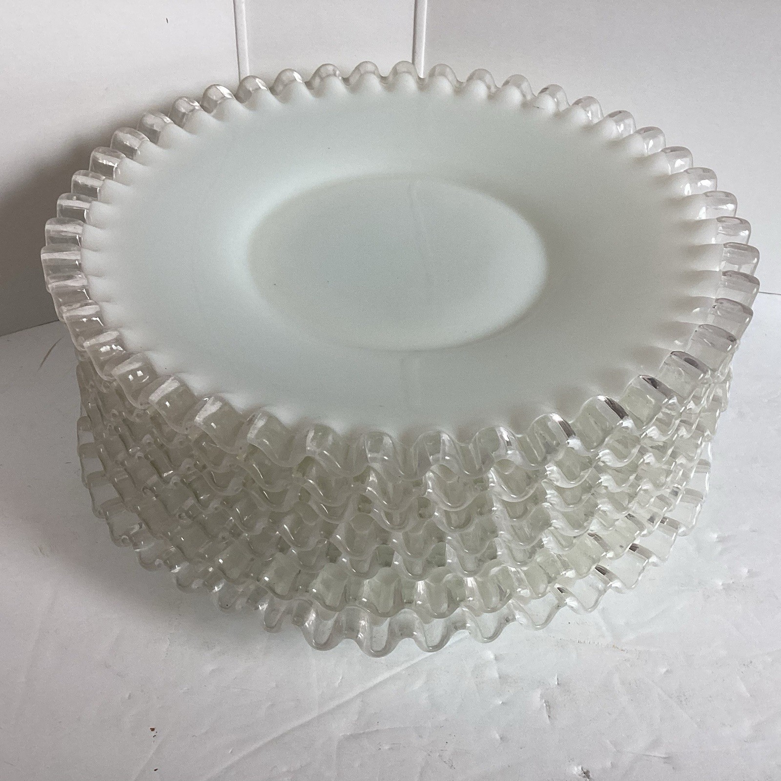 7 Fenton Milk Glass Silver Crest Ruffled Edge Dessert Salad Plates 8 3/4 “