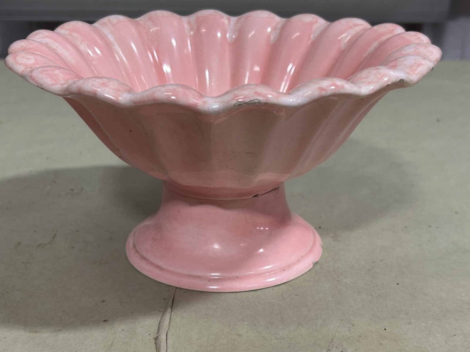 Scalloped Pink And White Pedestal Bowl 8 1/2 Inches At The Top