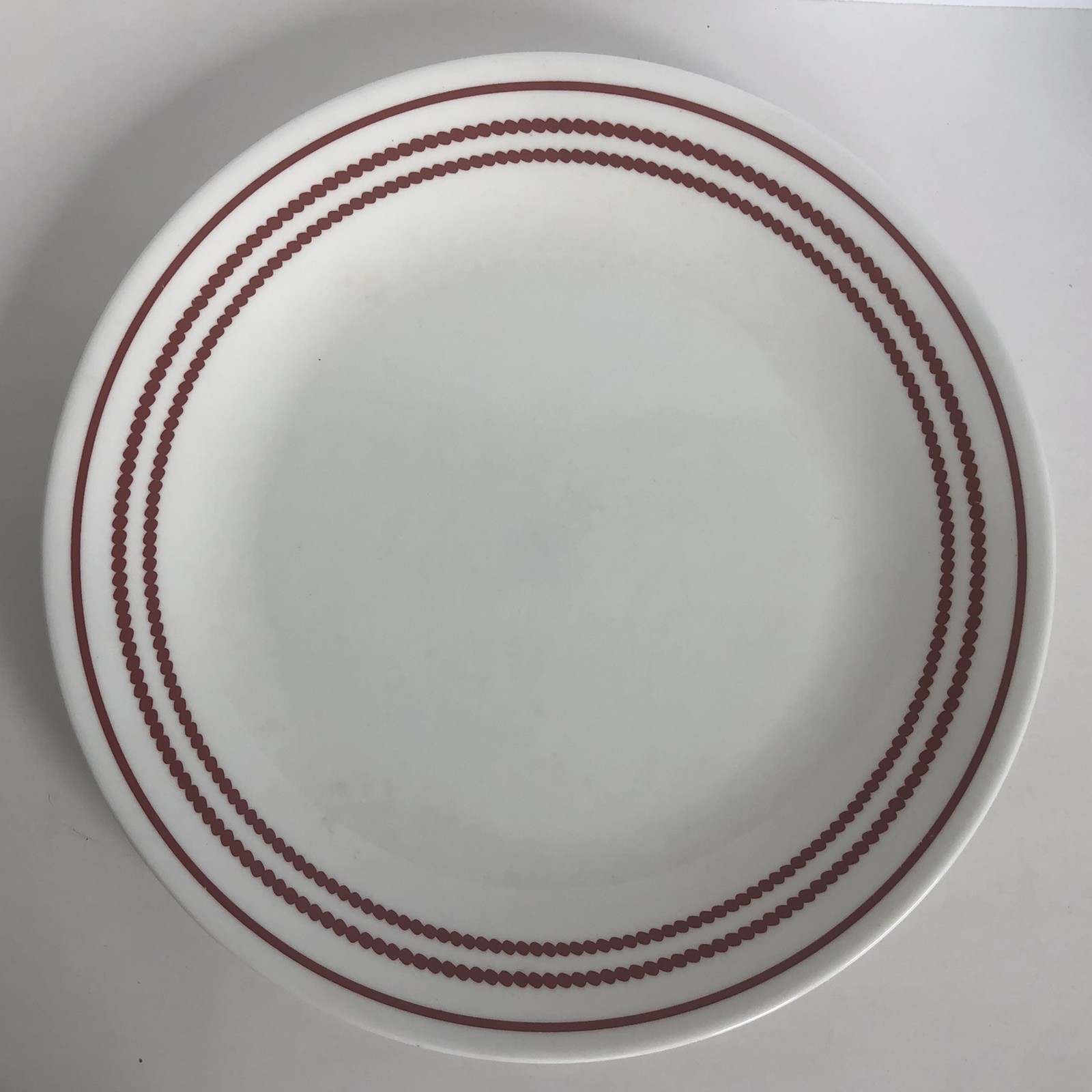Corelle Corning Ruby Red Stripe Dinner Plate 10.25″ USA White Red Bands On Rim