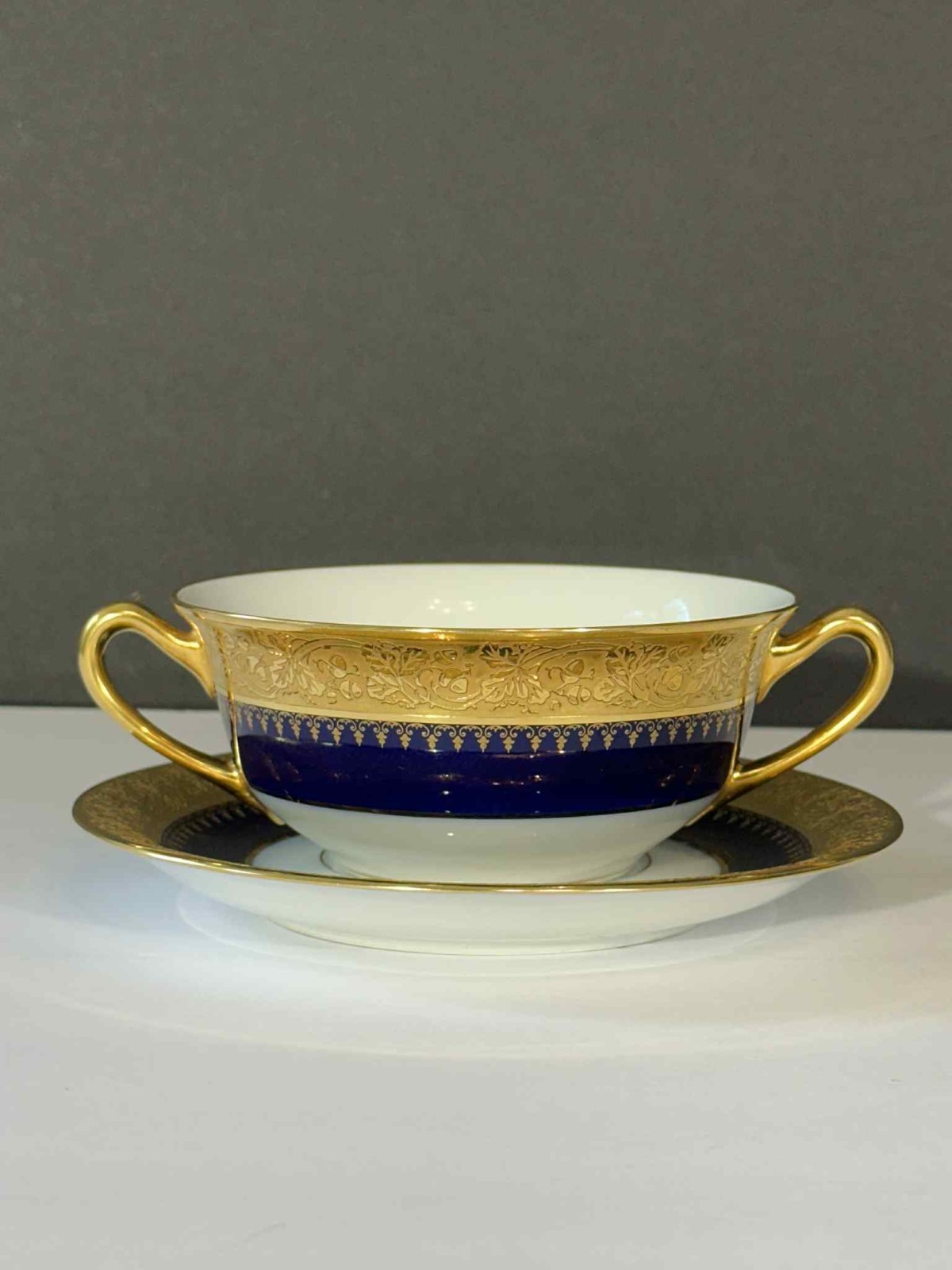 Antique P. Porschaud Limoges France Consommé Cup & Saucer Cobalt Blue Heavy Gilt