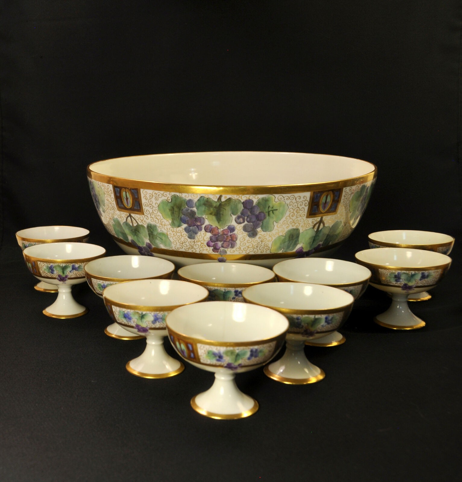 Punch Set Bowl 10 Cups Schachtel Charlottenbrunn Silesia Hand Painted 1899-1918