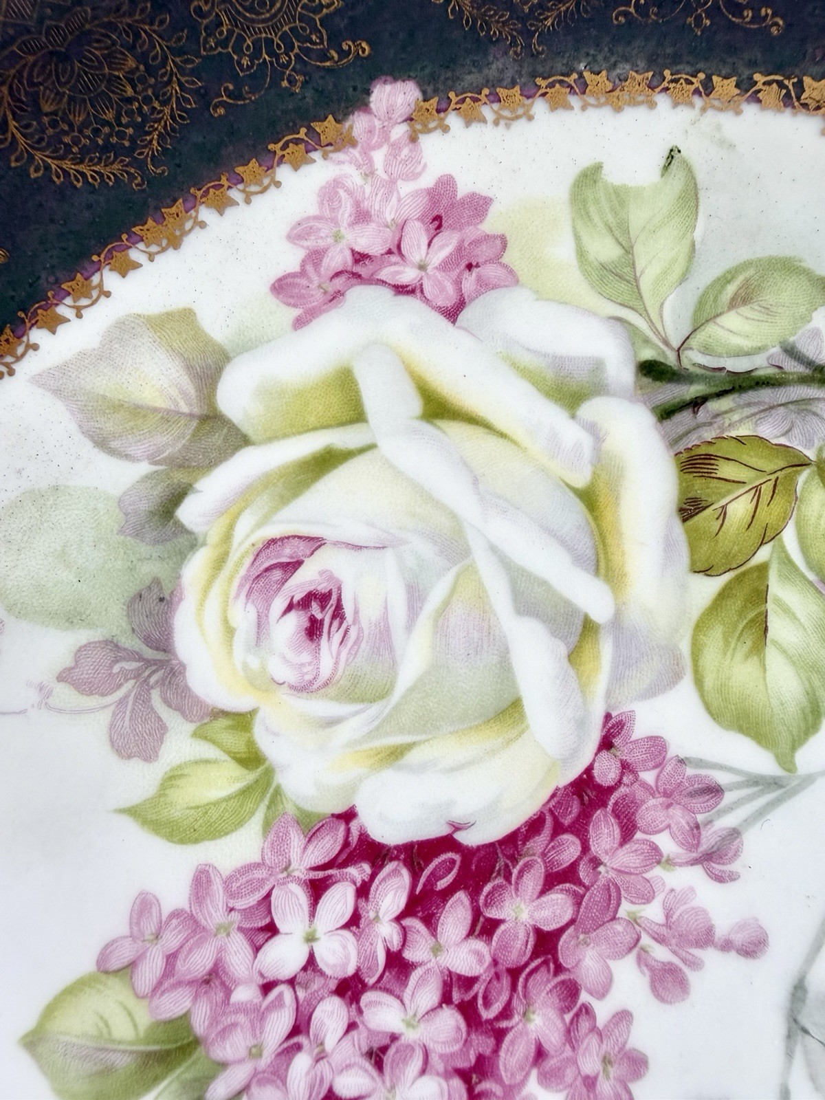 Vintage MC CO Painted Plate Roses w/Dark Green & Gold Border, Signed Raymond