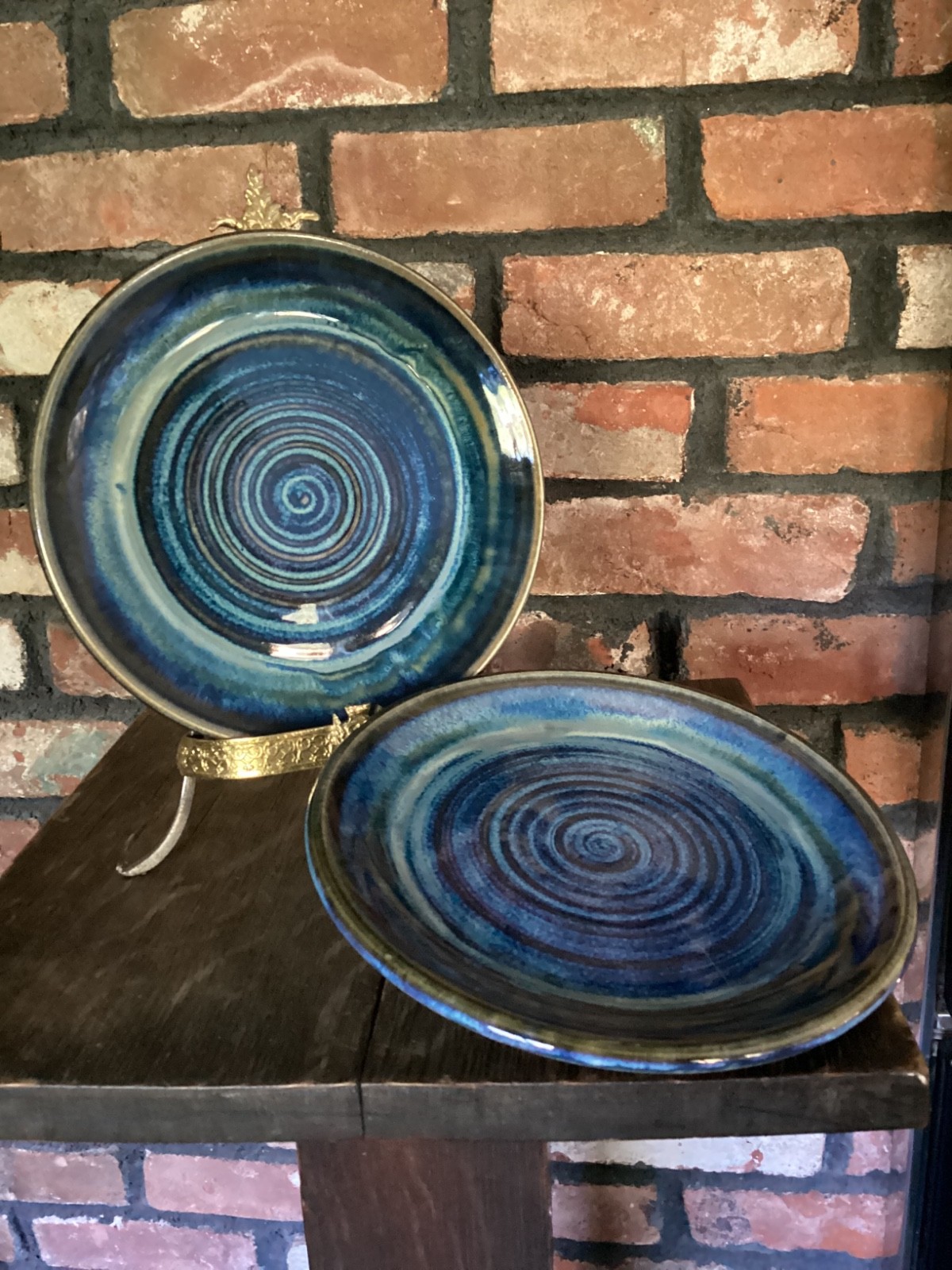 Greg Olson Pottery Stoneware Handmade TWO Plates Blue Swirl 7 and 1/2 inches