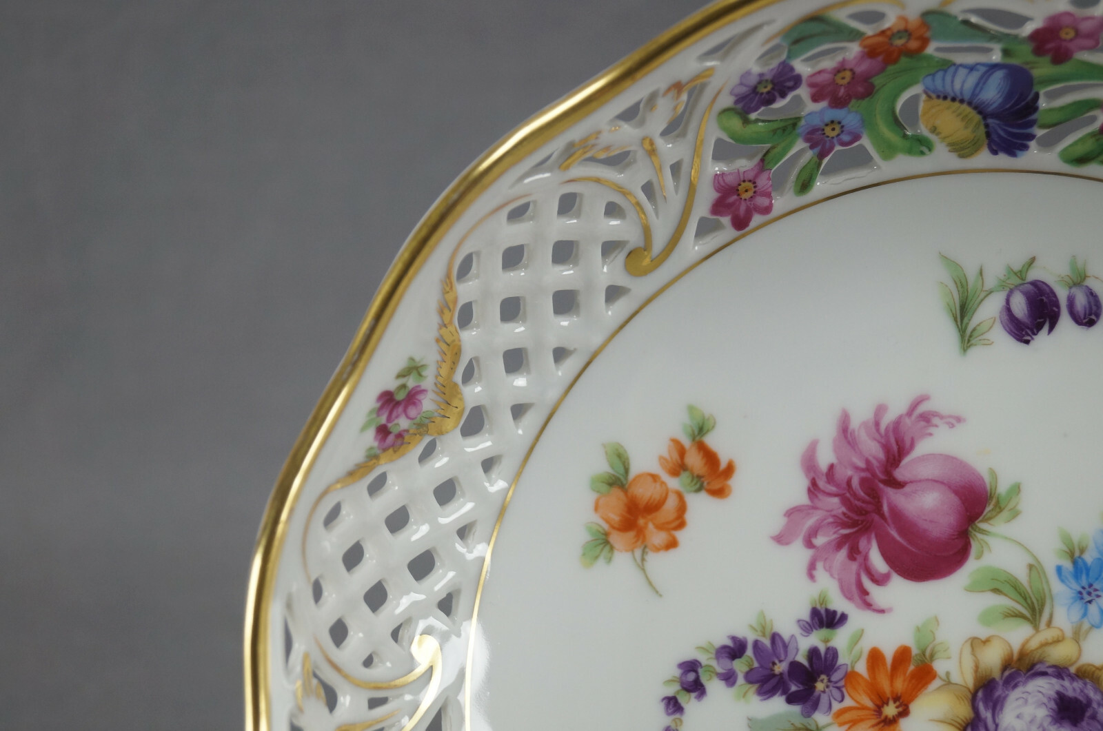 Carl Schumann Dresden Flowers & Gold Reticulated 8 1/8 Inch Bowl Circa 1932-1944
