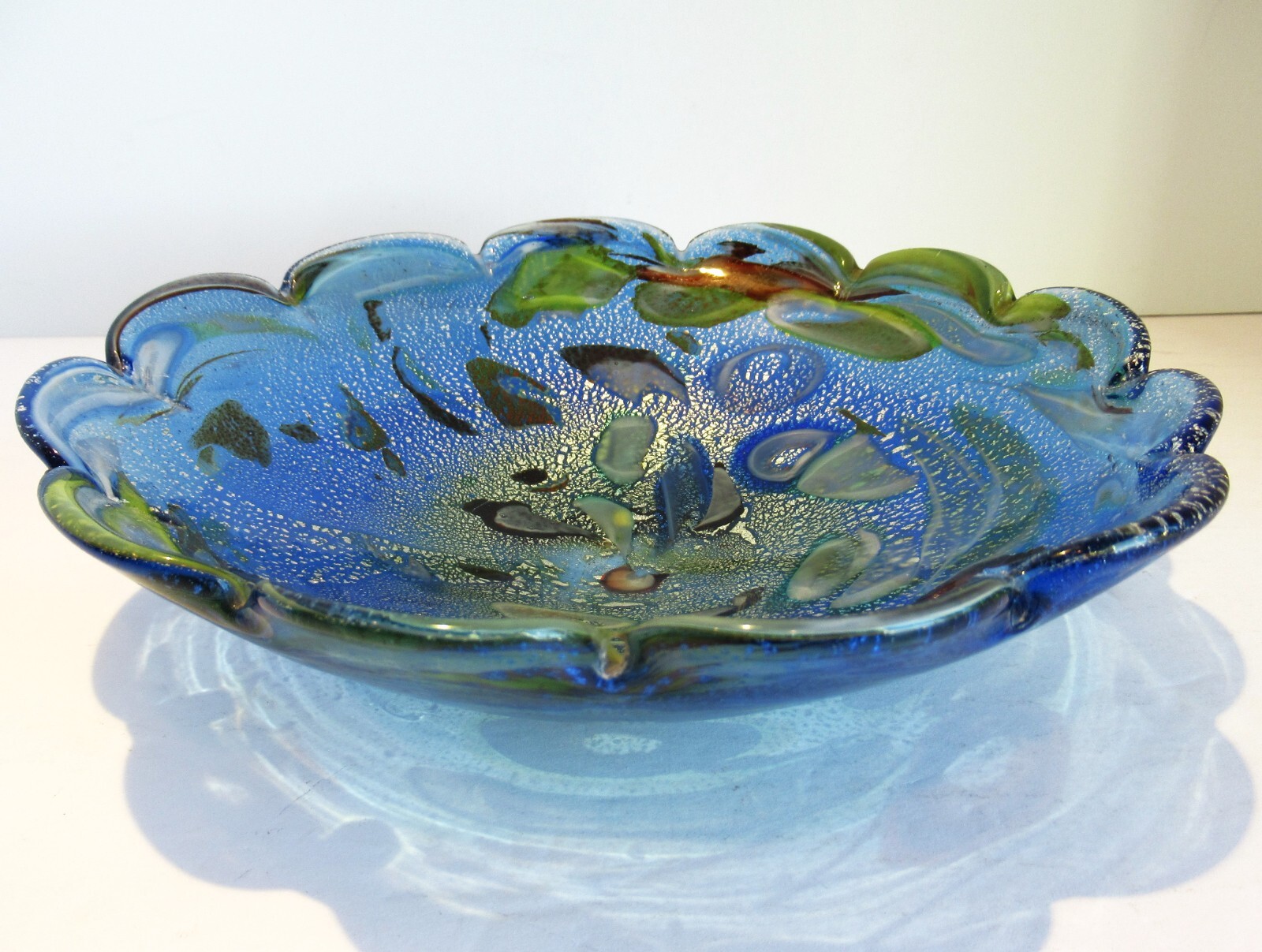 Multicolor Fused Art Glass Bowl Scalloped Edge Abstract Amoeba Design Blue Green