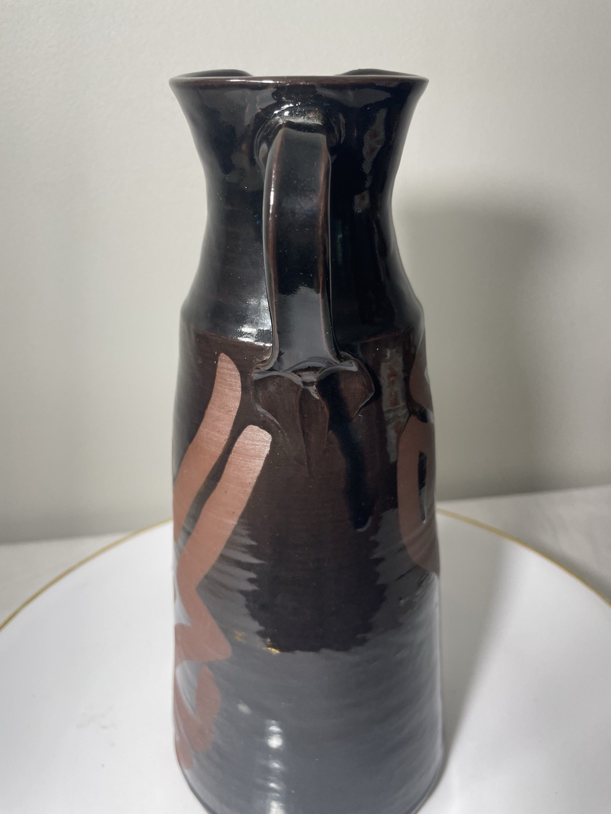 Redware Art Pottery Pitcher Vase Signed SE Abstract Mashiko Style