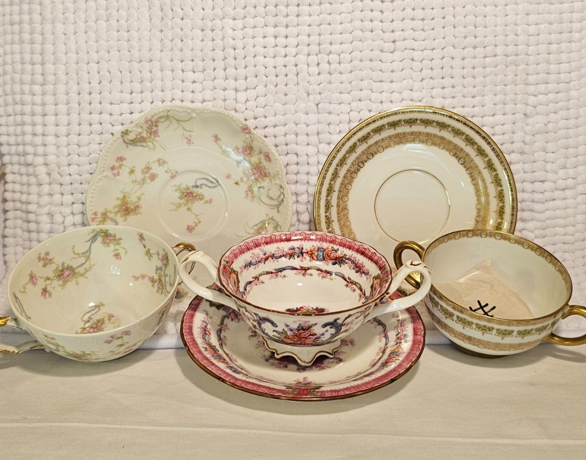 Bouillon cups w/ saucers, set of three, vintage china, Haviland, Cauldon, Pouyat