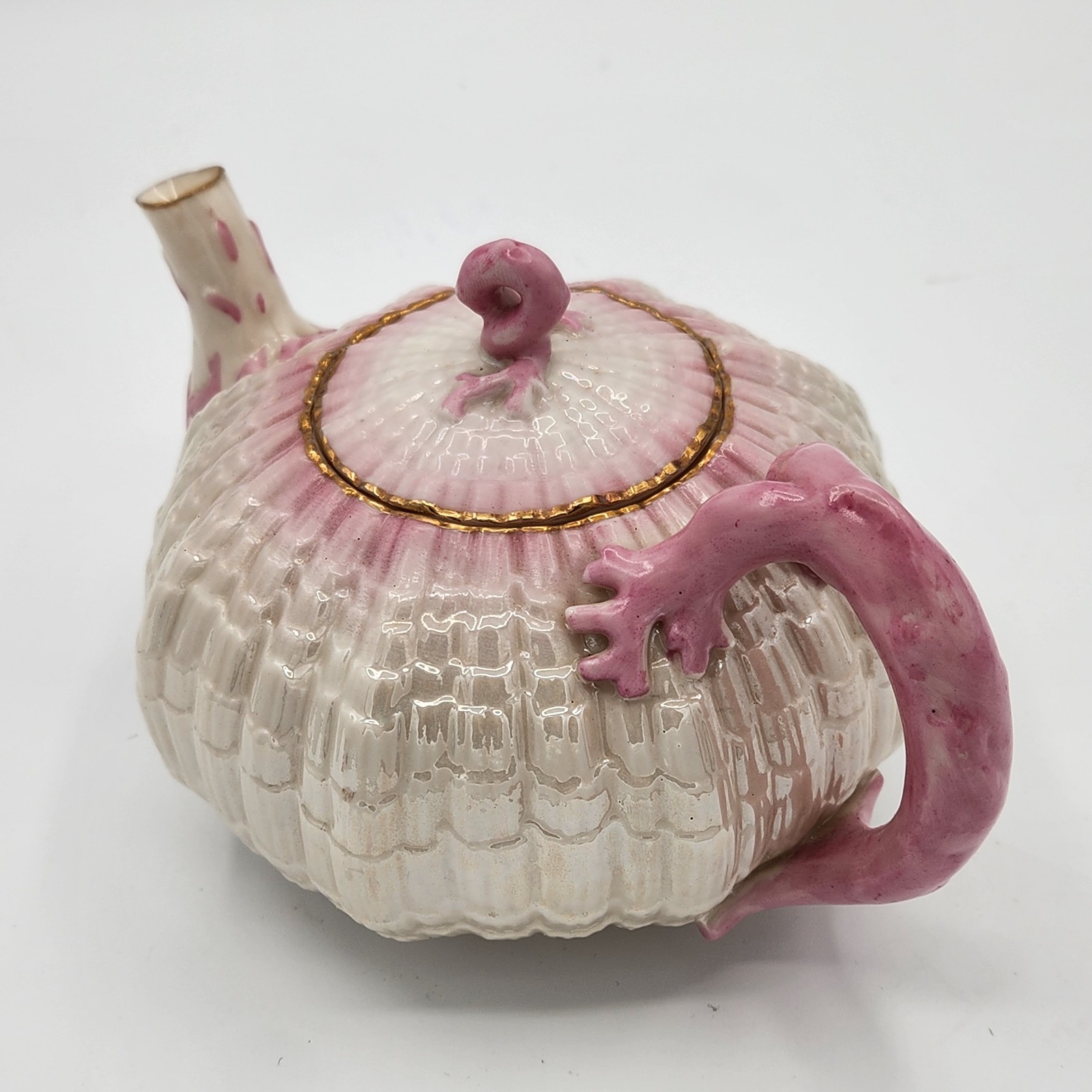 Antique Belleek Tridacna Teapot Pink Gold 1st Black Mark 1880