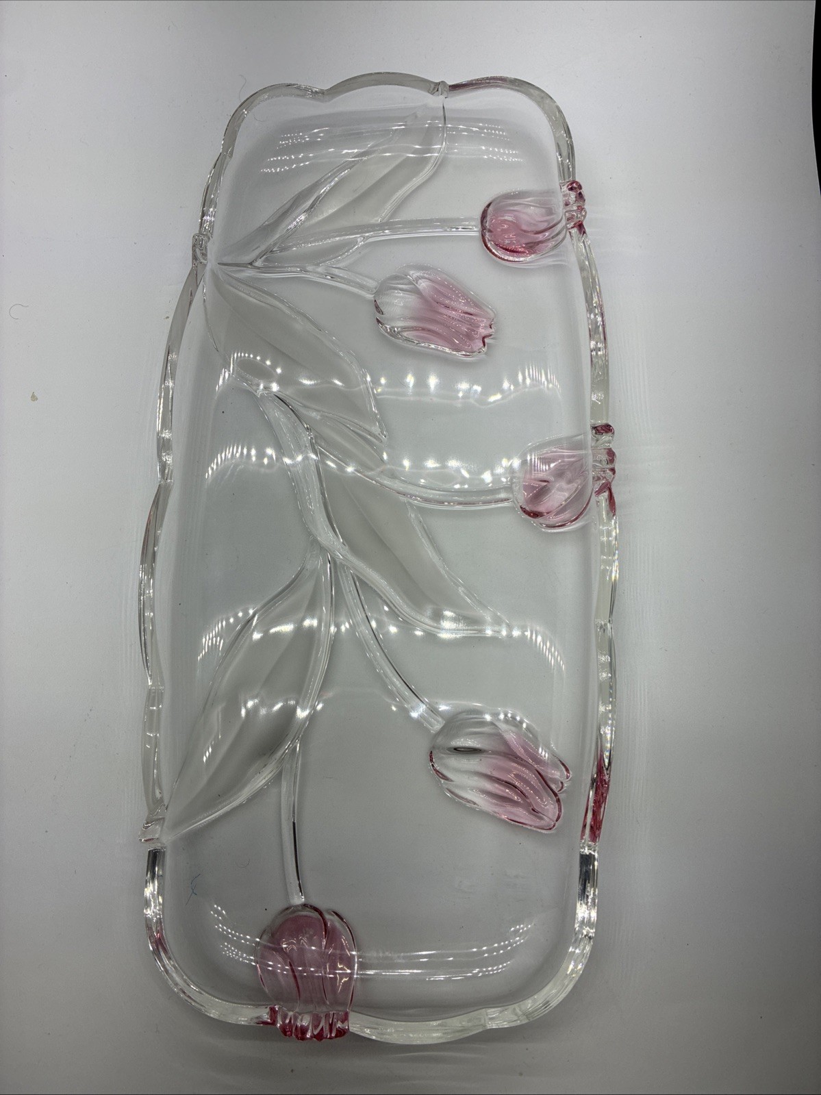 Mikasa Tivoli Tulip Rectangular Glass Serving Platter 15”X7” Pink Tulips New